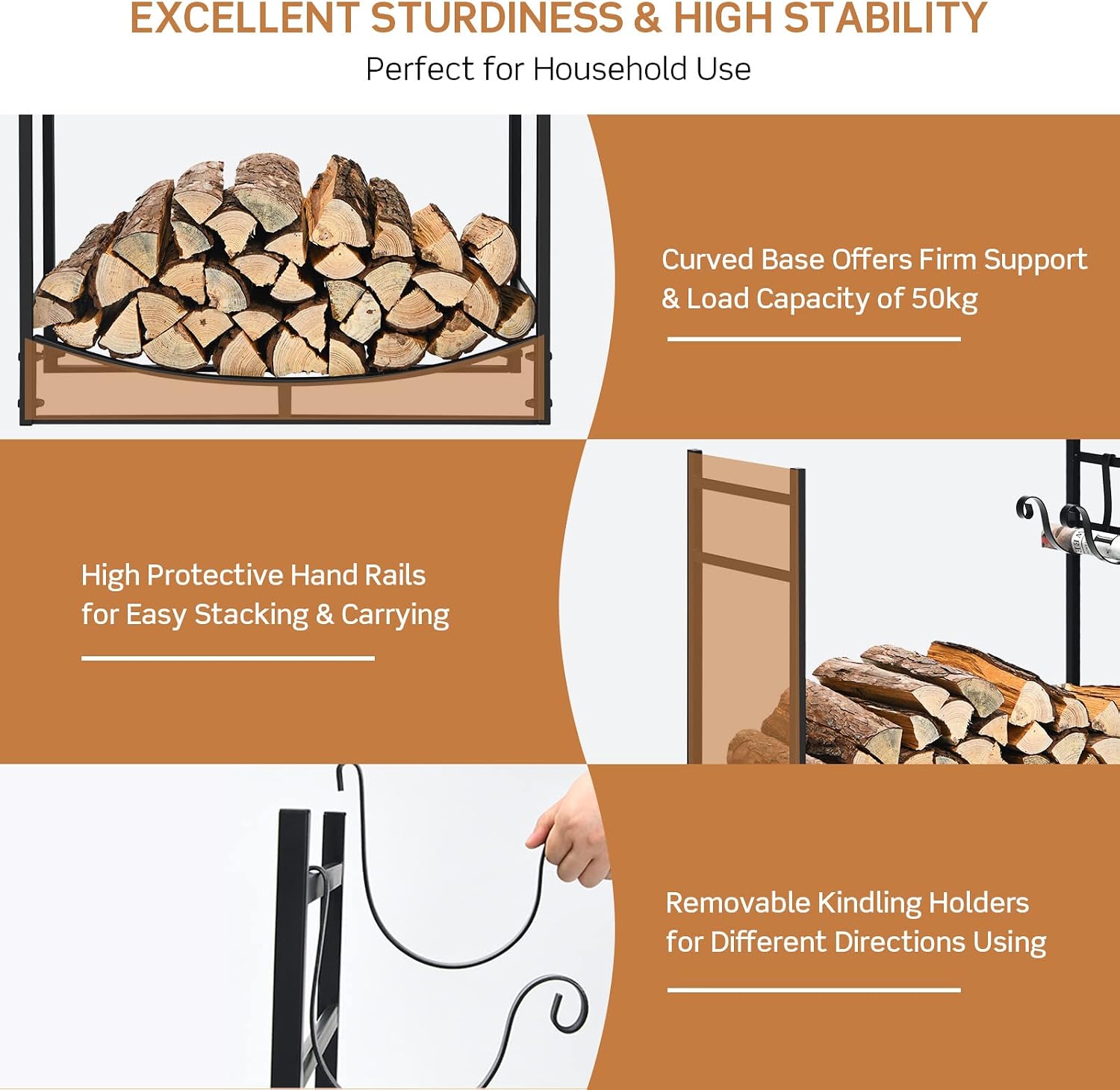 33 Inch Firewood Rack, Indoor Outdoor Fireplace Wood Storage Stand with Kindling Holder, Heavy Duty Fire Log Stacker Holder for Stove Fire Pit Fireplace