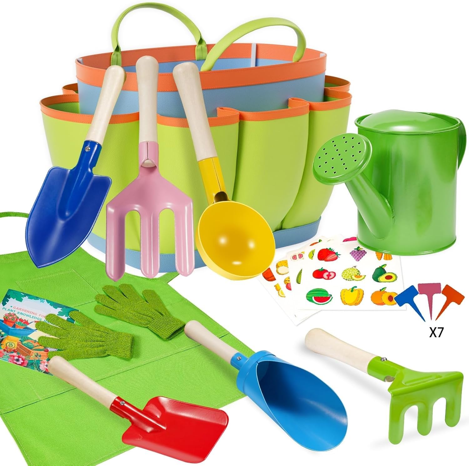 KAHEIGN 12Pcs Kids Gardening Tool Set, 20CM Metal Spoon Fork Trowel Rake Shovel Cylinder Scoop with Tote Bag Watering Can Gloves Apron Plant Tags Stickers for Outdoor Garden Yard Lawn Digging Playing