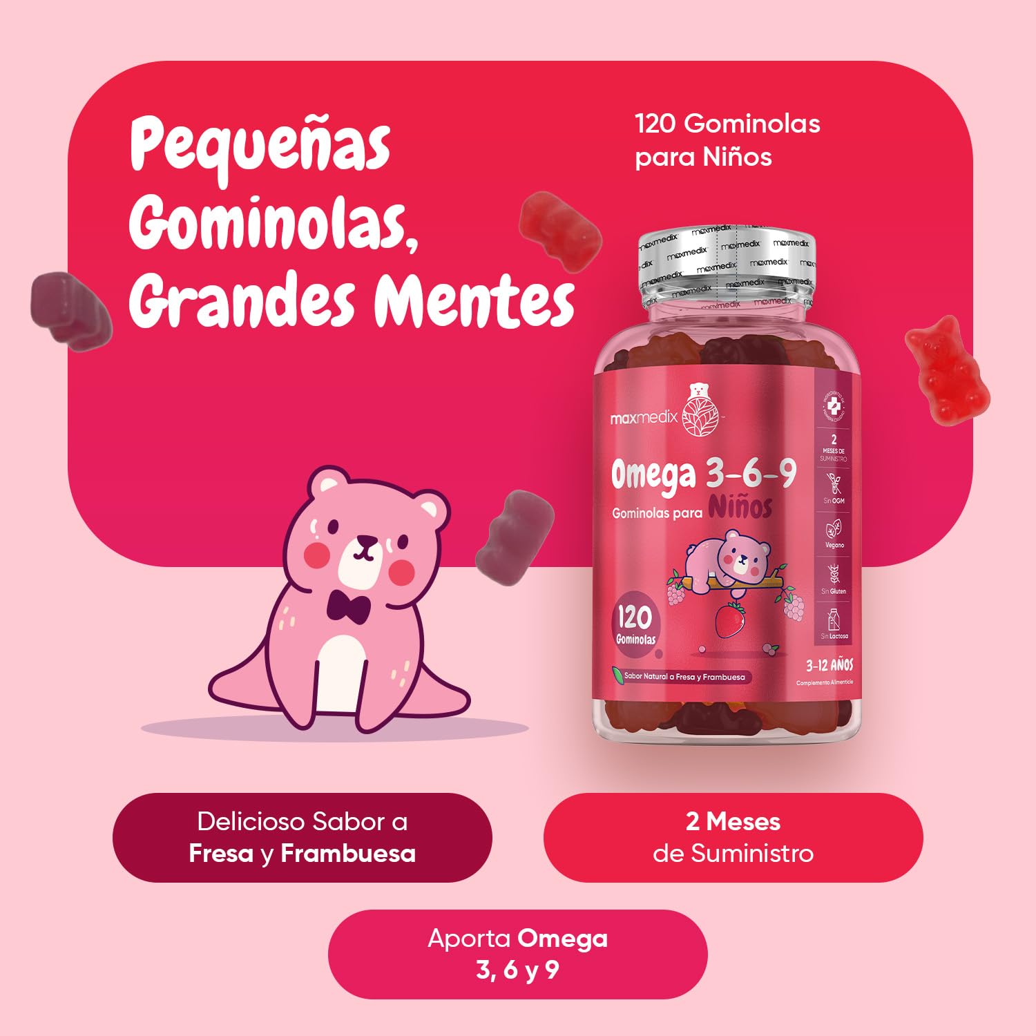 Gominolas de Omega 3 6 9 para Niños 400mg - 120 Unidades Sabor Fresa y Frambuesa, 2 Meses de Suministro - Omega 3 para Niños de 3 a 12 Años - Gominolas Veganas, Sin Lactosa y Sin Gluten, Omega Kids