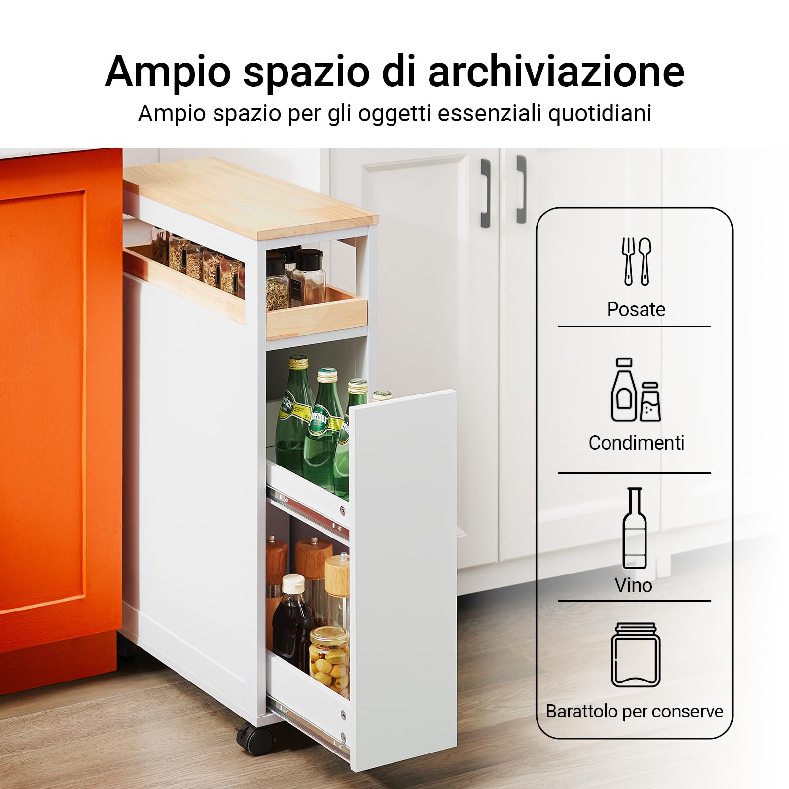 SoBuy Carrello Cucina Salvaspazio Stretto – Mobiletto da Nicchia 20 cm con Ruote, Carrellino Cucina Multifunzione e Mobiletto Salvaspazio Cucina per Cucina e Bagno Bianco & Naturale 20x51x79cmNSR11-WN