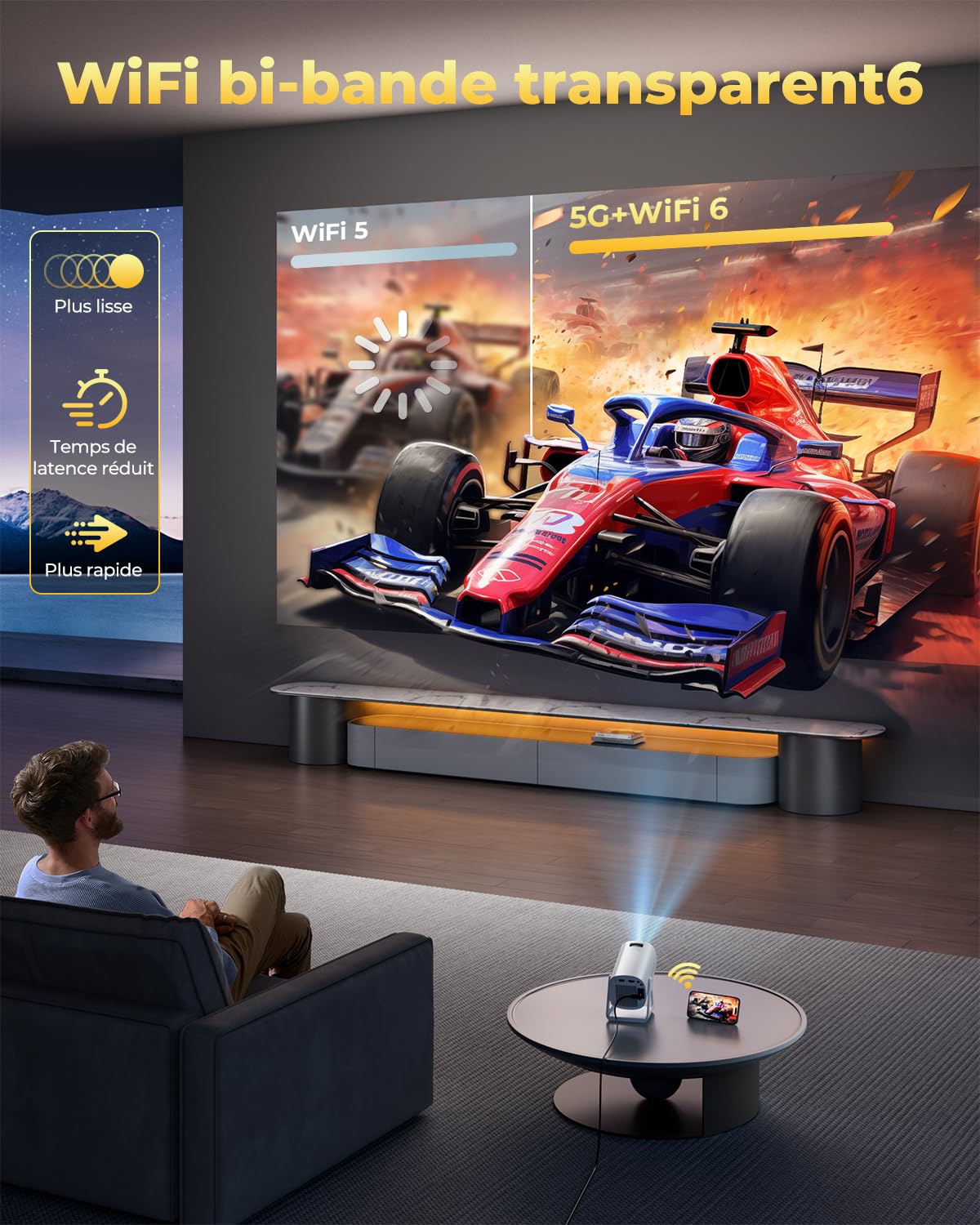 Vidéoprojecteur 4K Supporte, Mini Projecteur Portable Apps intégrées avec WiFi et Bluetooth, 270° Rotation Home Cinéma Star Rétroprojecteur pour Phone/PS5/HDMI/TV Stick/USB