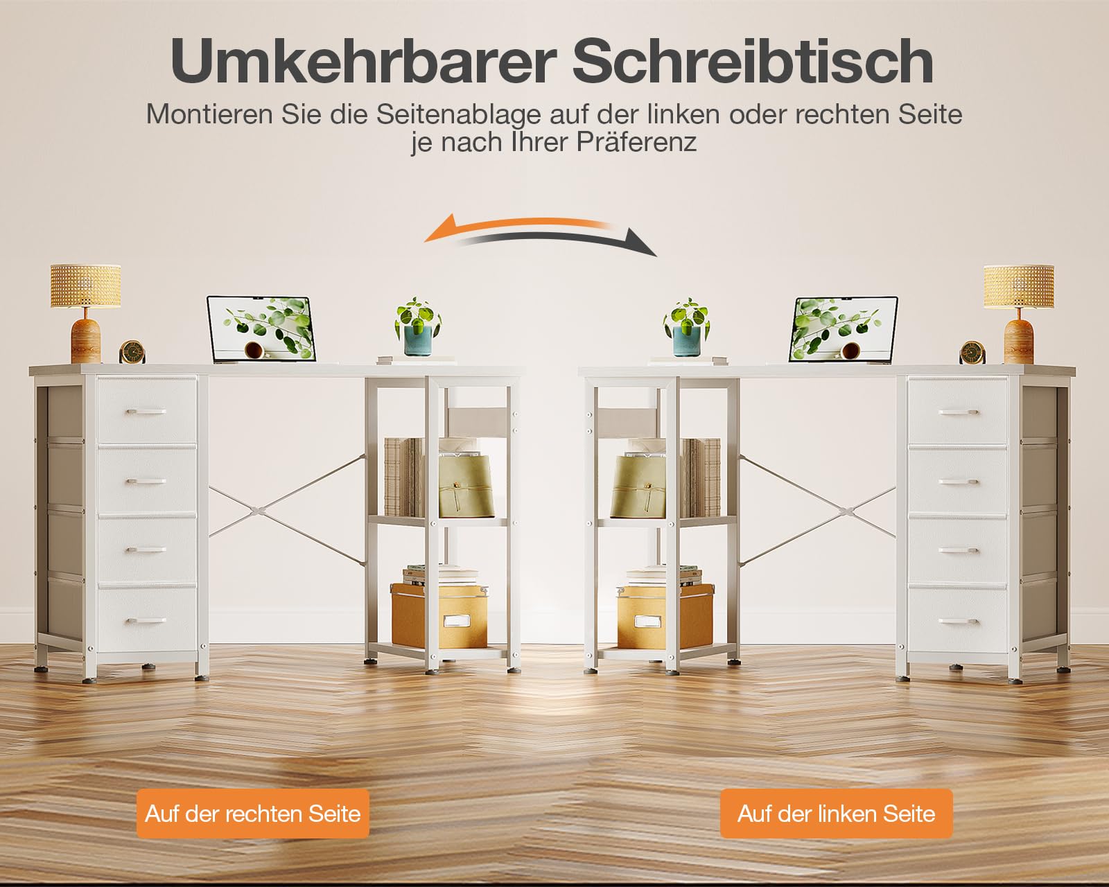 Coleshome Kleiner Schreibtisch mit 4 Schubladen, 100x40cm Schreibtisch mit Stauraum, Umkehrbarer Computertisch mit Regalen PC Tisch für Büro Arbeitszimmer Schlafzimmer, Weiß | Kleiner Schreibtisch mit wendbaren Regalen, Computertisch, kompakt, für Büro un