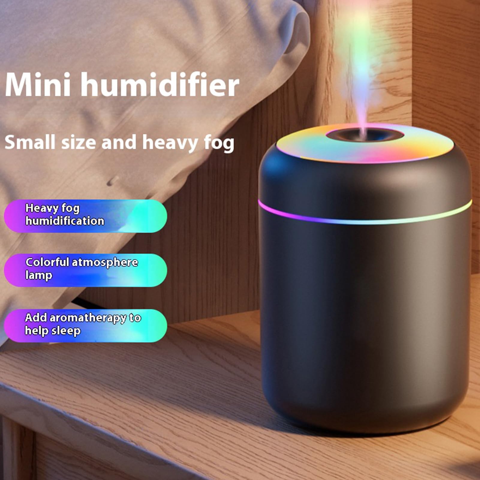 Humidificador para habitación de – Nebulizador alimentado por USB con luz, humidificador portátil | Humidificadores de 180 ml apto para ambientes grandes | Para salón, oficina, casa, sótano