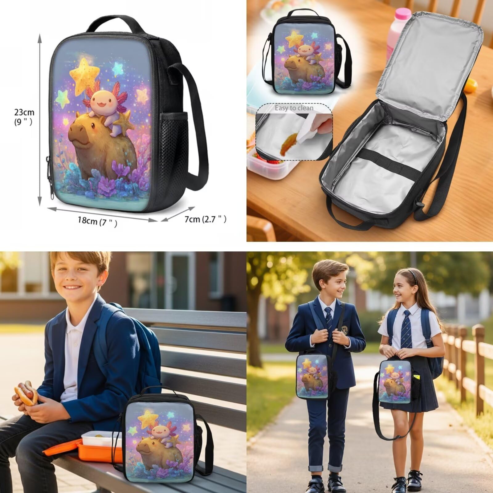 Schulrucksack für Kinder, mit Lunchtasche, Federmäppchen, Mädchen, Jungen, 5 Stück, Capybara Axolotl, Tagesrucksack