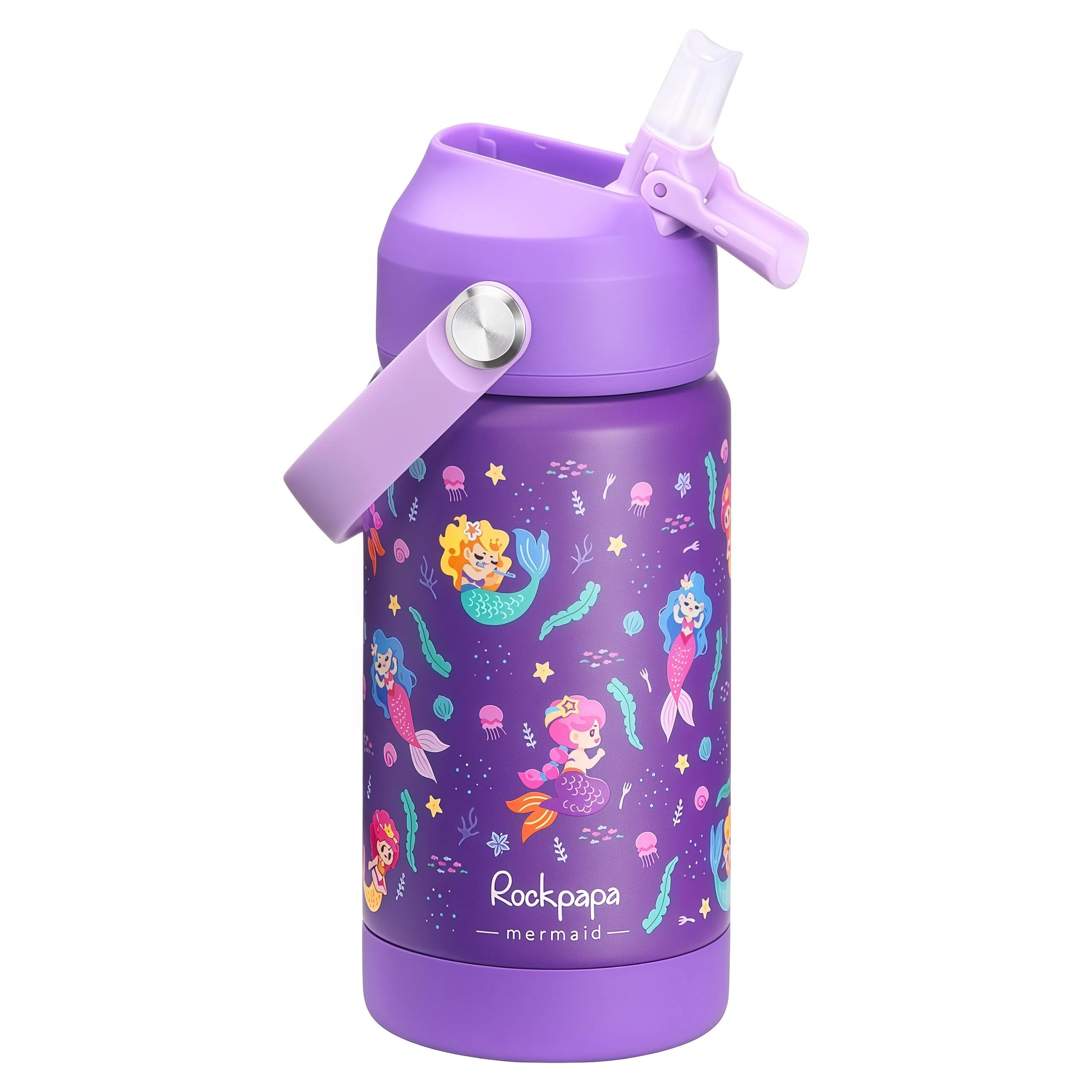 Rockpapa Kids Insulated Water Bottle with Straw, BPA-Free, 18/8 Stainless Steel, Leak Proof, 14OZ Metal Cup Water Bottle for School Boys Girls (Purple Mermaid) โ image 1