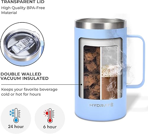 Miniatura 5 de HYDRATE Vaso con asa de 24 onzas, taza de café azul claro pastel, taza de viaje reutilizable, de acero inoxidable, sin BPA y sin toxinas, con