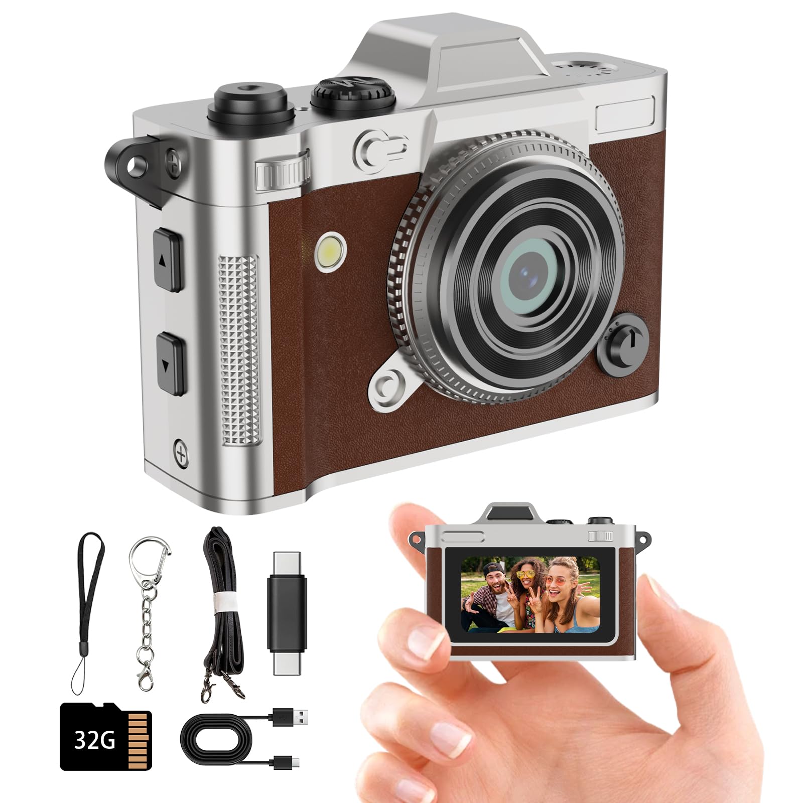 Retro Mini Keychain Camera -2K Mini Digital Camera, Metal Body, 200mAh Battery, Comes with 32GB Storage Card, Suitable for Daily Recording, Creative Gifts for Teenagers, Birthday Gifts (Brown)-image-11