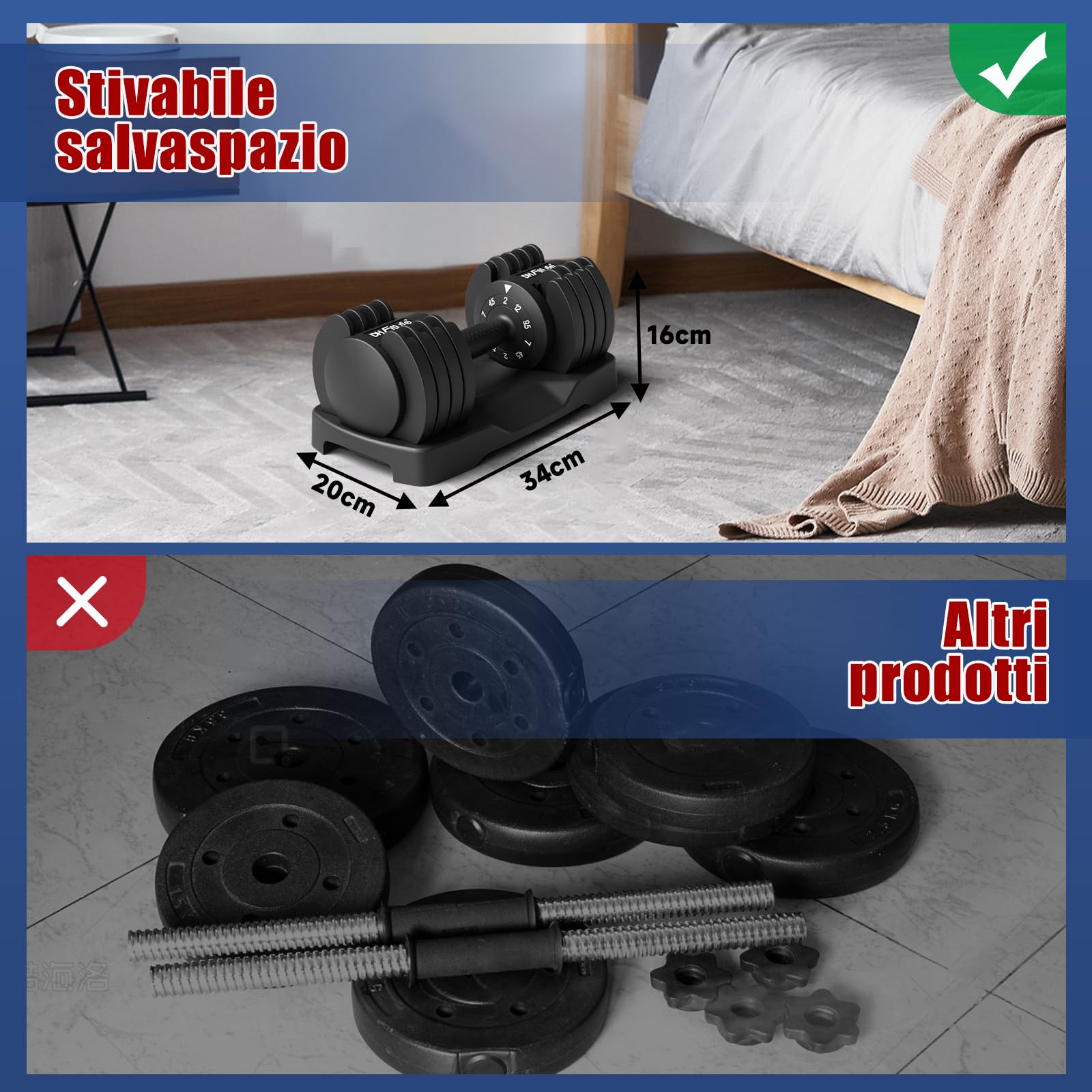 DH FitLife 12kg Manubri Regolabili da 2 a 12 kg, Set Manubri Componibili con 5 Pesi in 1, Manubri Regolabili Salvaspazio per Allenamento a Casa, Set da 2 Pezzi