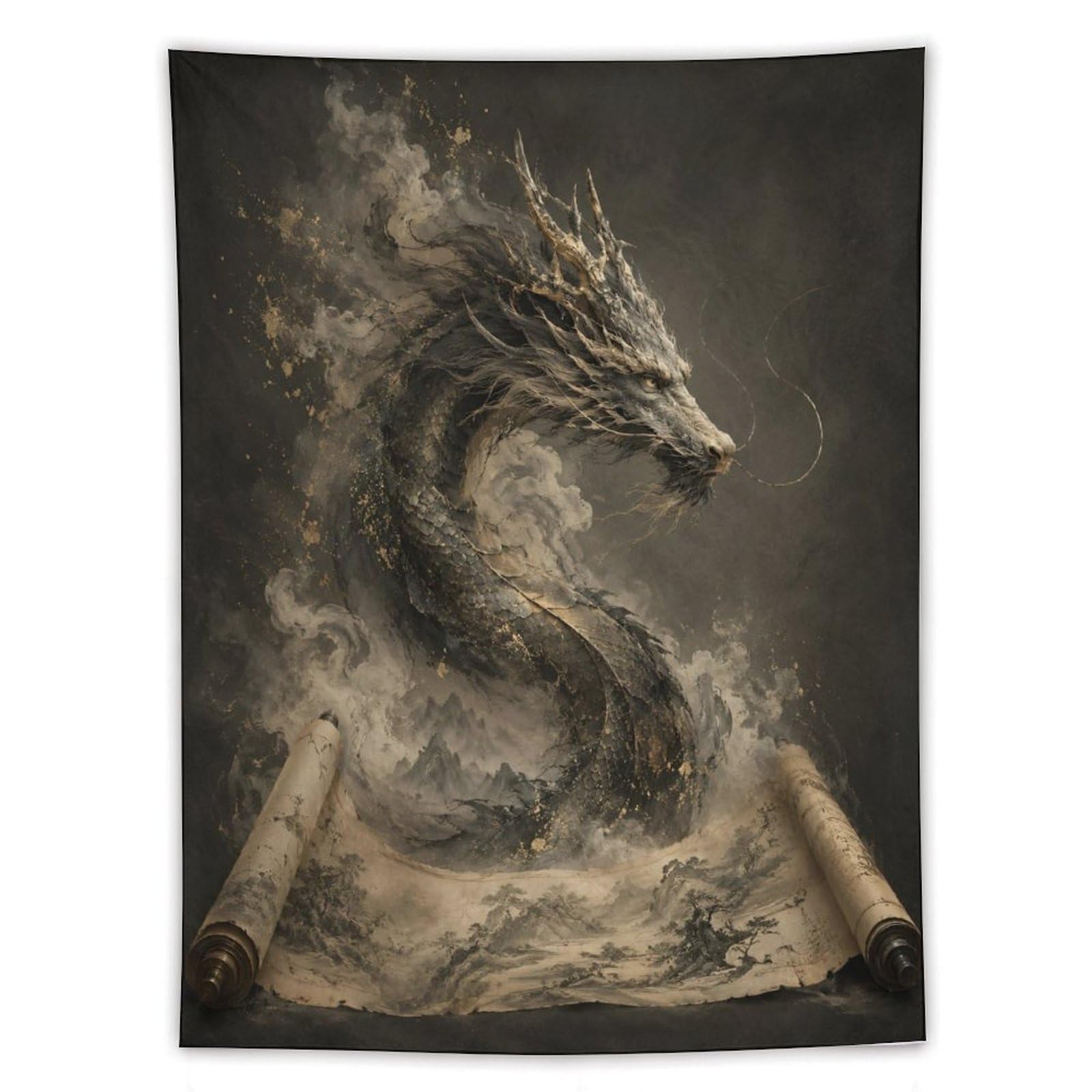 W7C8U2X3 Dragon Emerging from Scroll Wall Tapestry, Surrealist, Mythic Ink