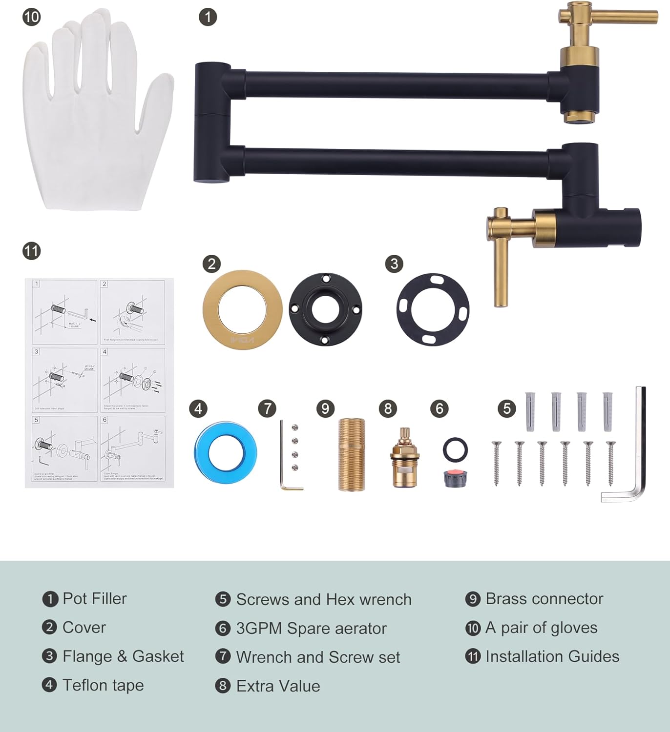 Pot Filler Faucet, Brass Wall Mount Kitchen Faucet Black & Gold Folding Stretchable with Double Joint Swing Arm Single Hole 2 Handles for Kitchen, Stove Faucet
