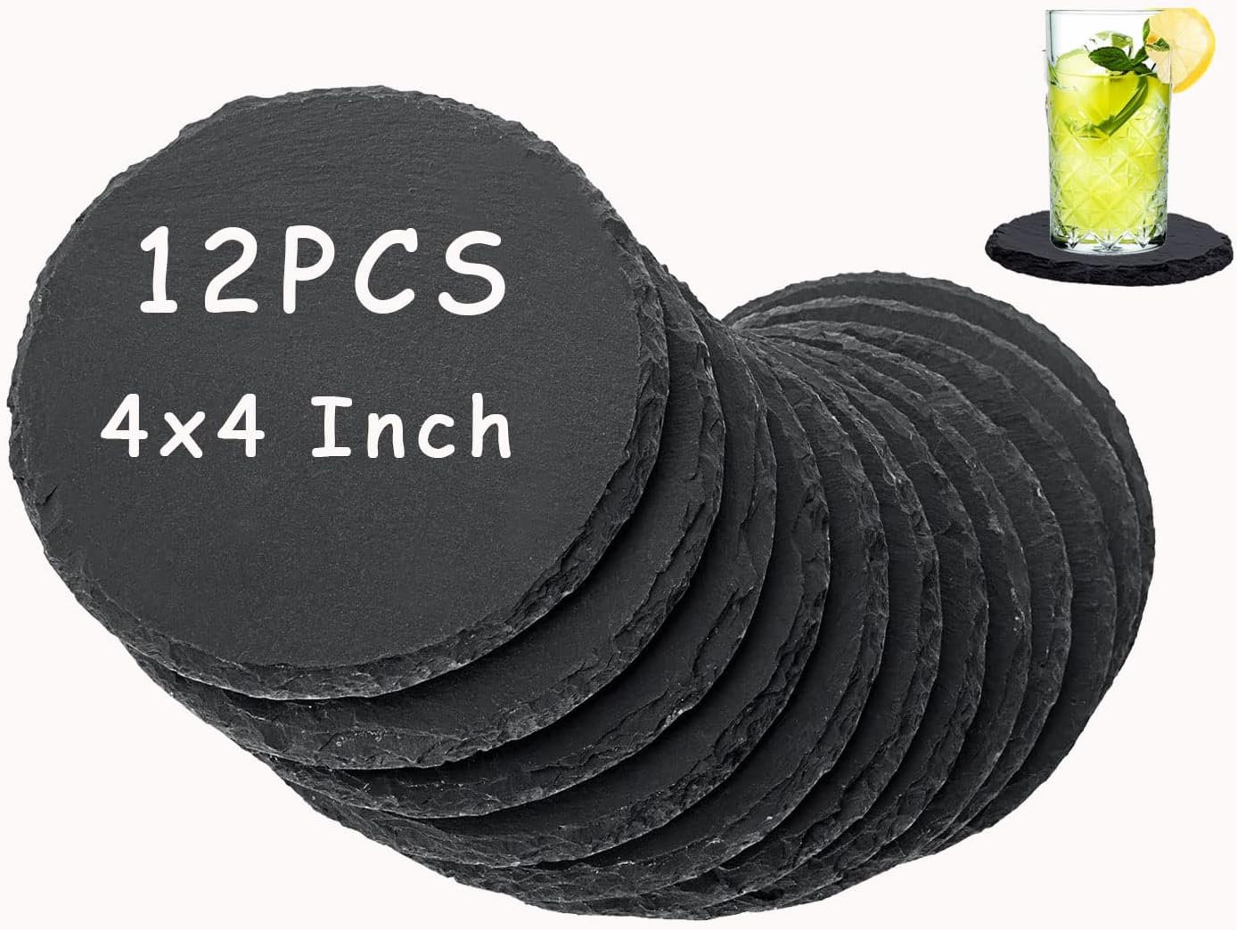 12 PCS 4 x 4 Inch Round Slate Drink Coasters Bulk, Black Rustic Stone Rock Coasters with Anti-Scratch Bottom for Cups Mugs Bar Kitchen Home Decor DIY Project, Natural Edge