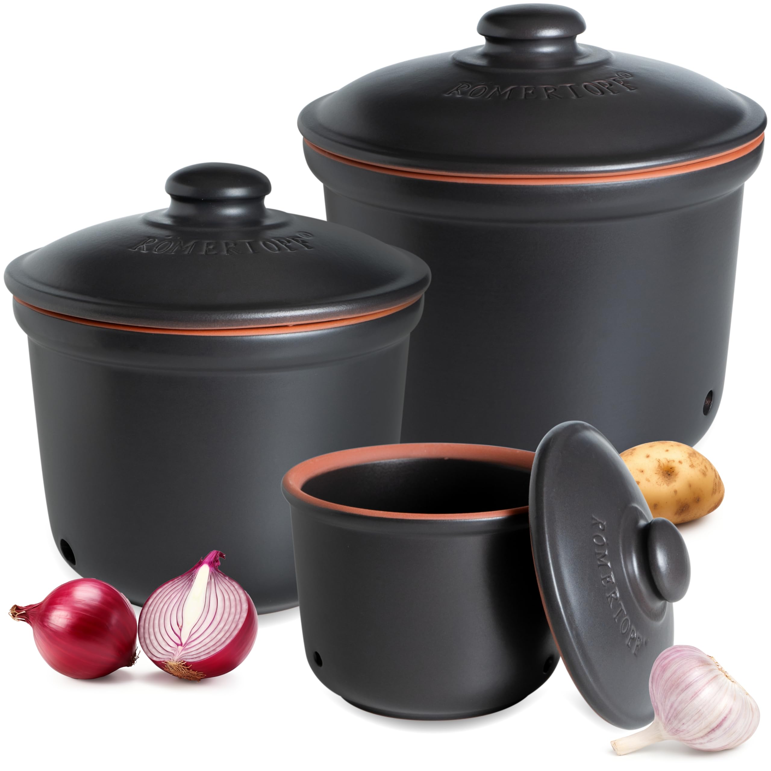 Römertopf Set 3 Contenitori Freschezza in Ceramica – Porta Aglio, Cipolle e Patate, Conservazione Naturale e Traspirante, Nero, tradizione dal 1967
