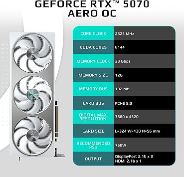 GIGABYTE GeForce RTX 5070 AERO OC 12G Graphics Card 12GB 192-bit GDDR7 PCIe 5.0 WINDFORCE Cooling System GV-N5070AERO OC-12GD Video Card Desktop Support