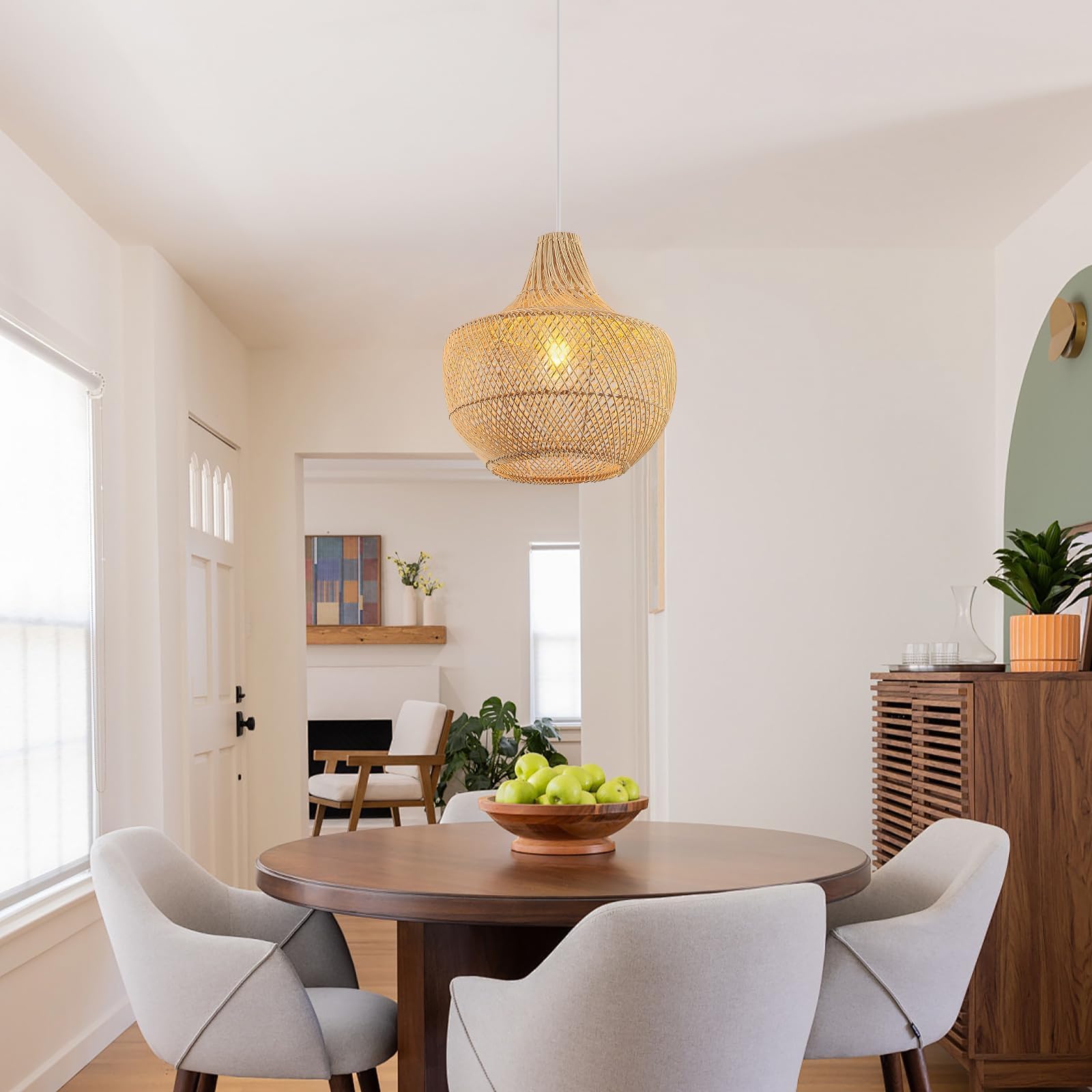 Boho Lustre Salon Rotin,34Cm Tissé à La Main Suspension Luminaire Ferme E27 Luminaires IntéRieur Pour Cuisine Chambre Salon Salle à Manger