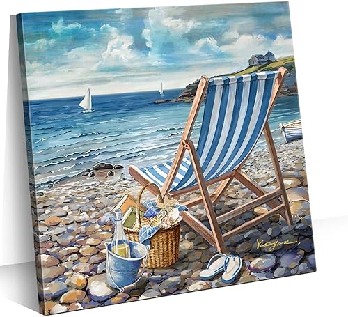 Miniatura 13 de Decoración de baño, arte de pared de playa, tema oceánico, imagen azul, impresión en lienzo, obra de arte costera moderna, enmarcada para colgar,