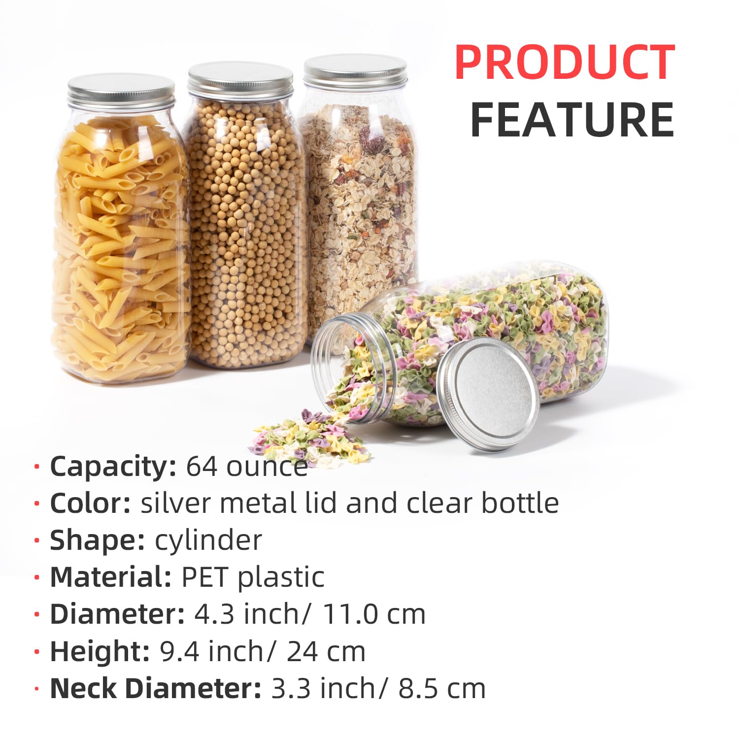 OMNISAFE 64 Ounce Clear Plastic Mason Jars With Screw On Lid, Reusable Empty Jars for Food Storage, BPA Free Containers for Sealing, Dry Food, Snacks, Candies, Breakage-proof, (Silver - 4 Pack)