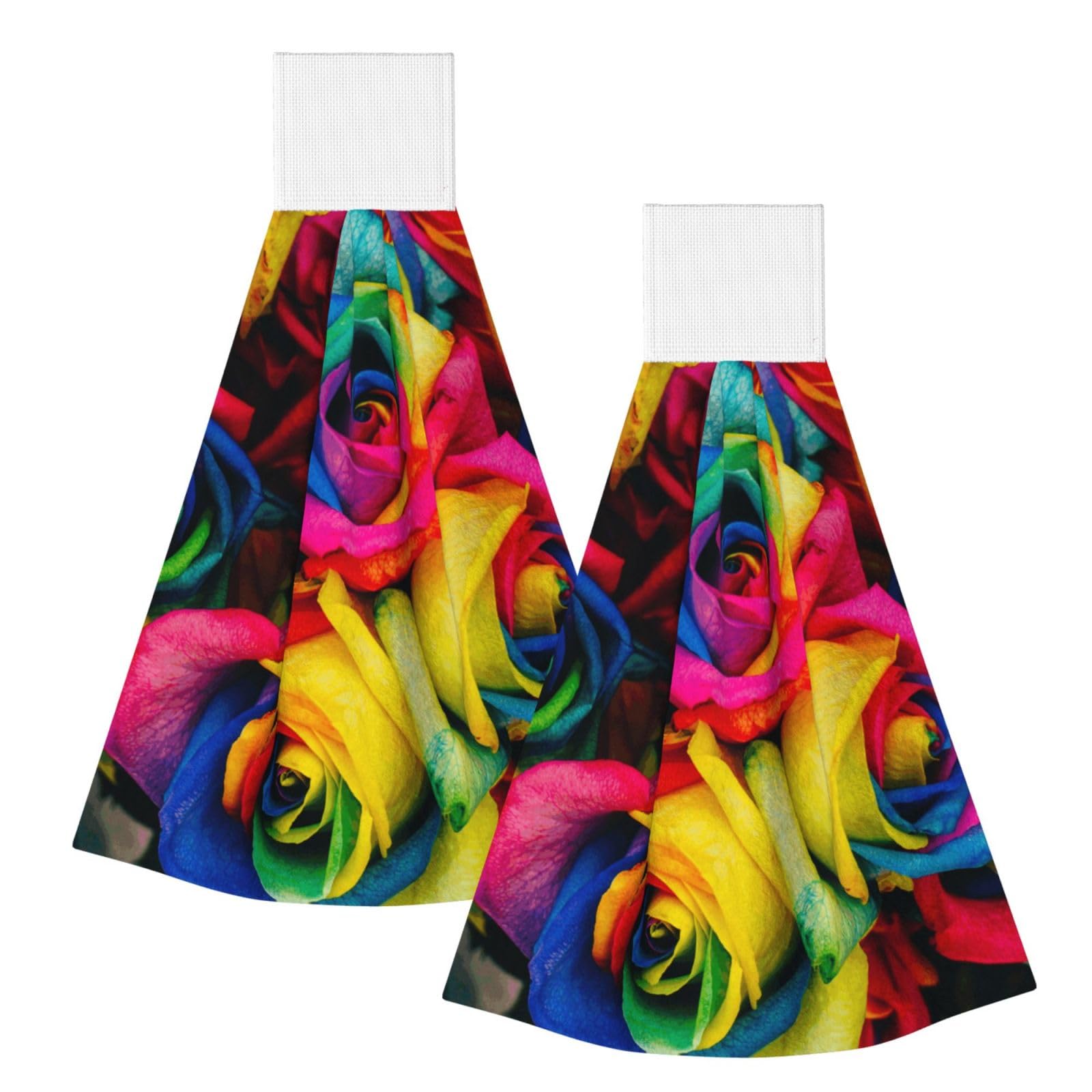 DOPKLNA Rainbow Petal Roses, 2 Pcs Hanging Coral Fiber Hand Towels for Bathroom, Absorbent Kitchen Towels