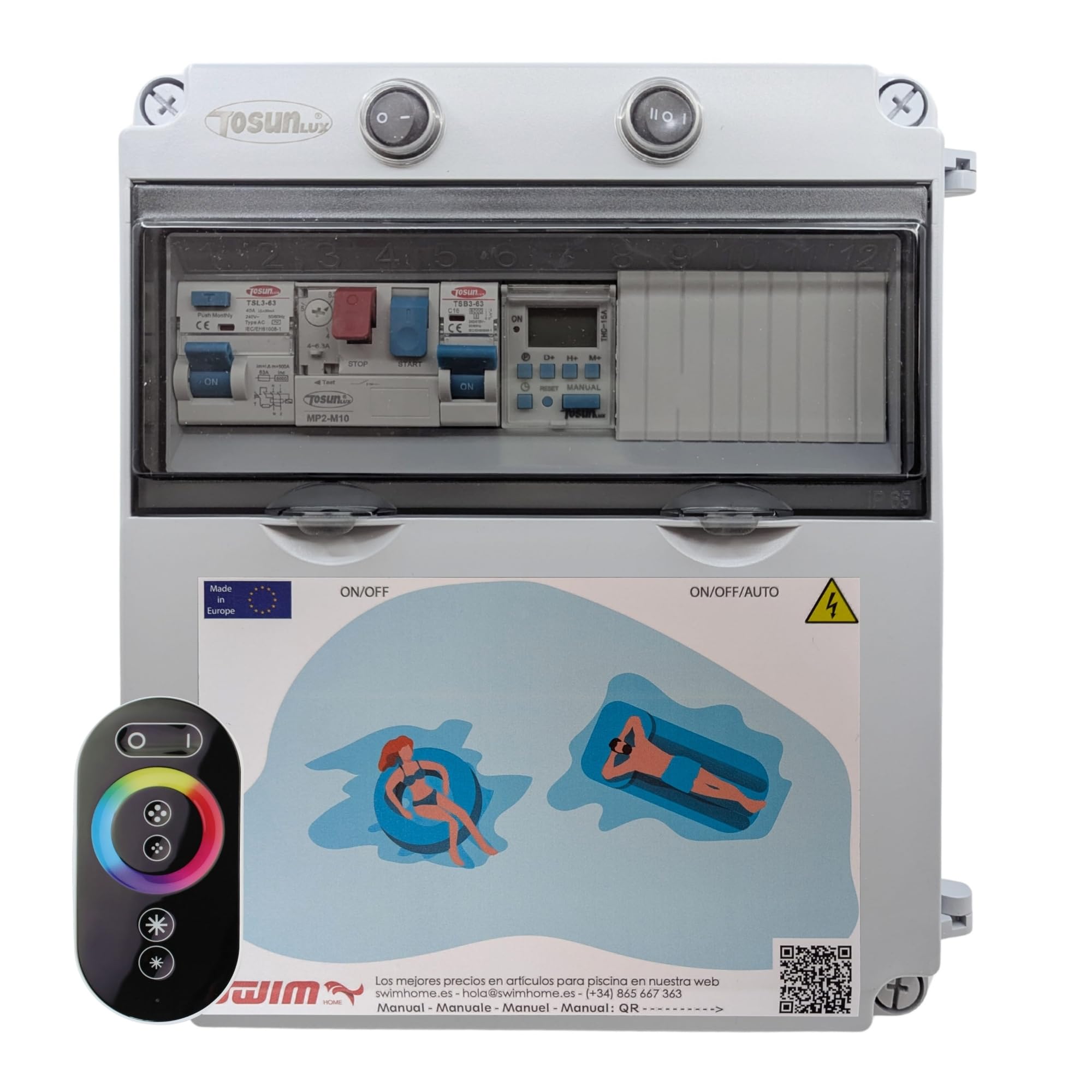 Tosun Cuadro Eléctrico Piscina Bomba 0,5CV, Transformador 150W 12V DC, Controlador RGB y Mando, Gris, ABS