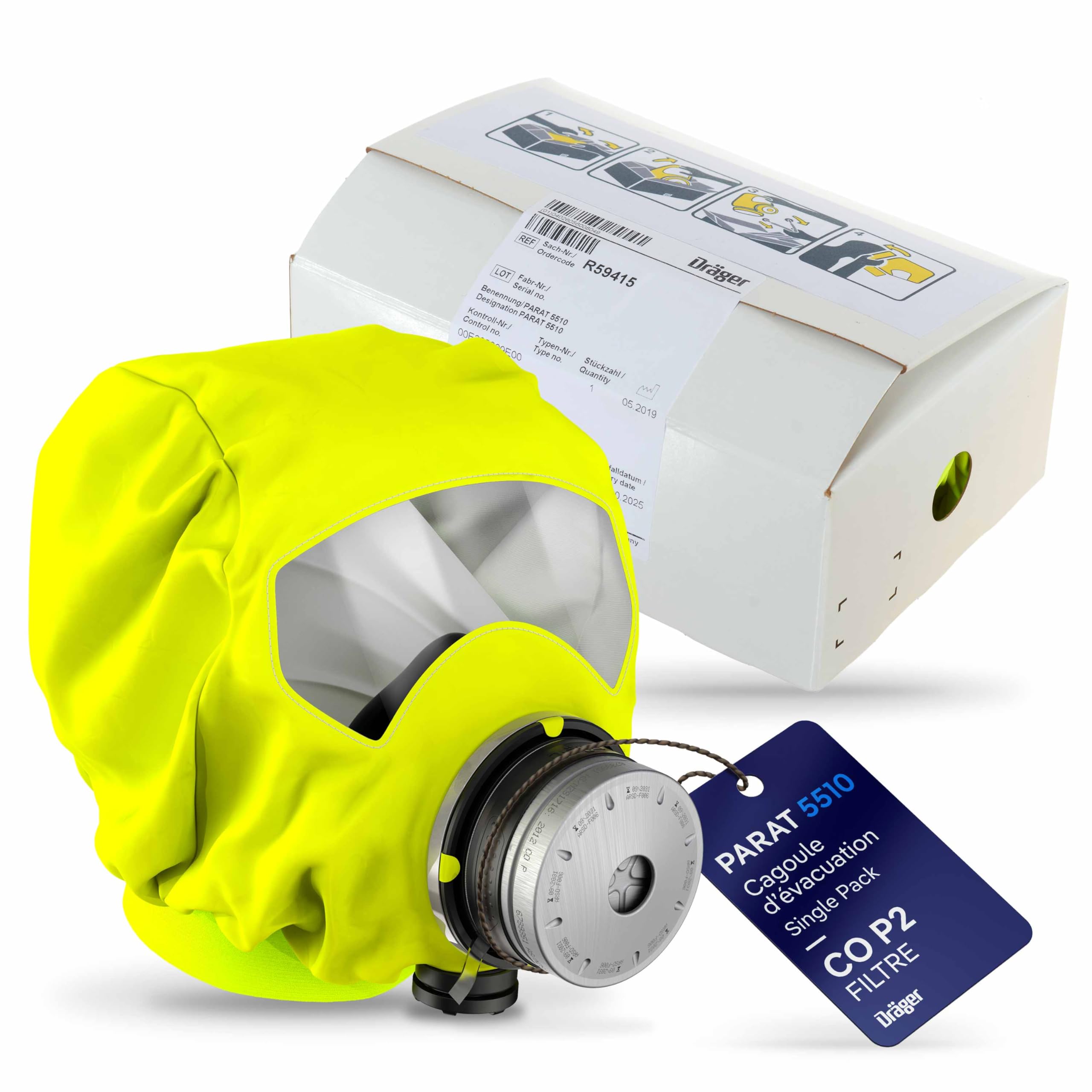 Dräger PARAT 5510 Masque de Protection respiratoire antifumée avec Filtre CO P2 Contre Les gaz, vapeurs et Particules Toxiques Lors d'incendie