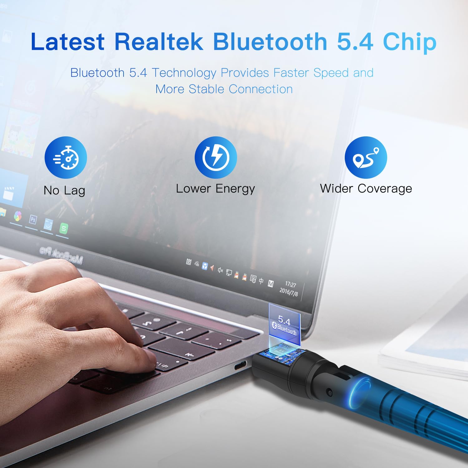 Adaptador Bluetooth 5.4 de largo alcance actualizado para PC, 5dBi de alta ganancia USB inalámbrico para Windows 11/10/8.1/7 computadora portátil Linux, enchufe y par teclado, ratones