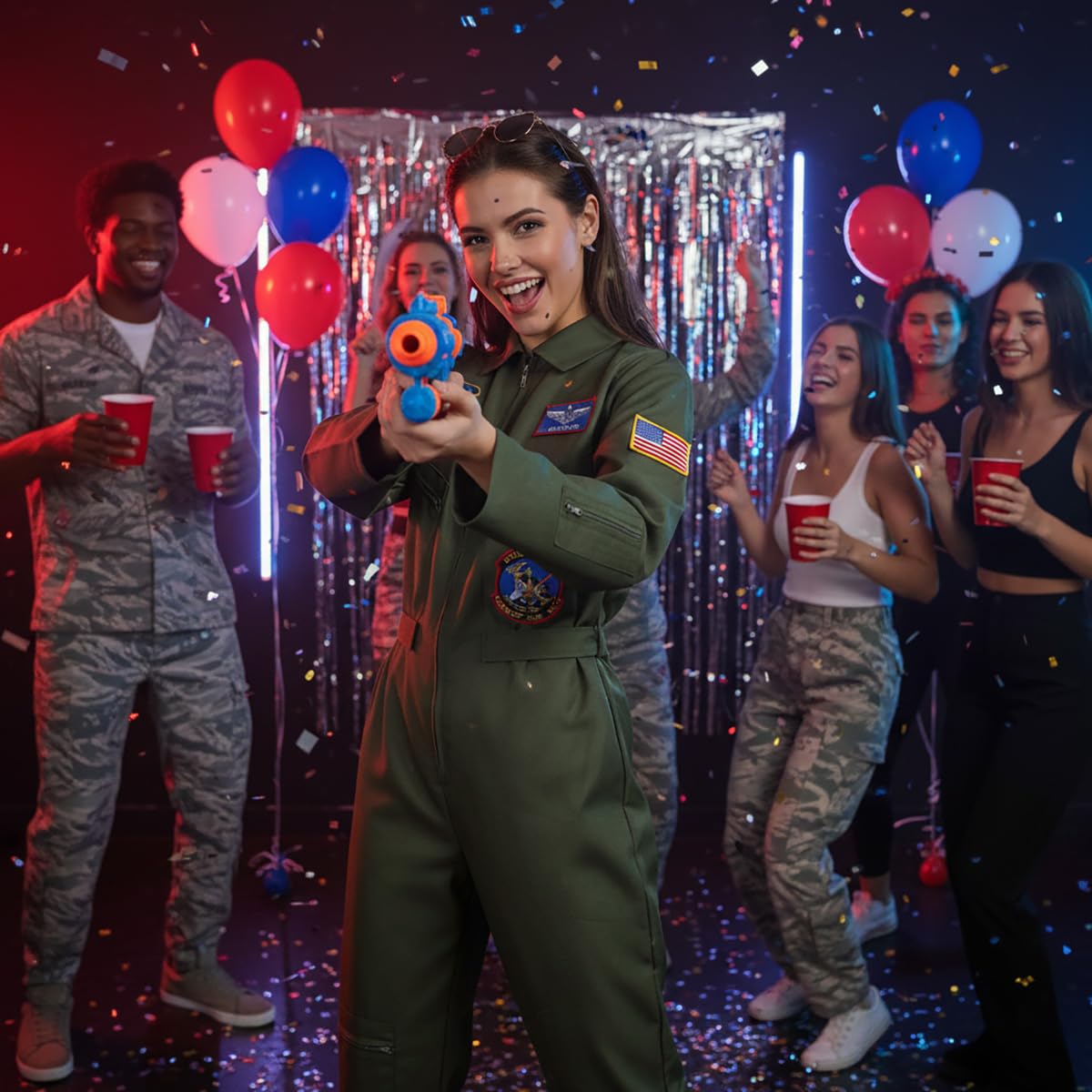 CoolChange Costume de pilote de combat « Maverick » - Combinaison d'aviateur vert olive avec patchs - Pour carnaval, Halloween, carnaval - Tailles S à XL