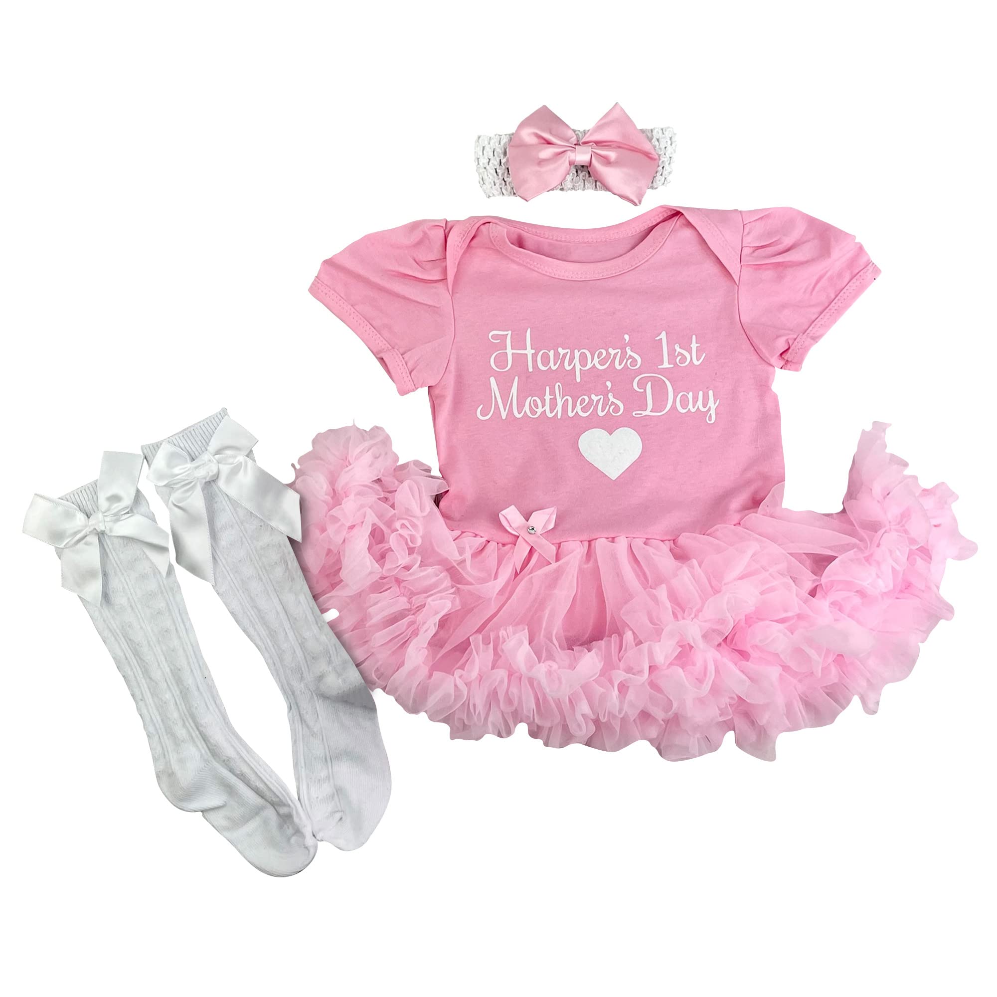 Little Secrets Clothing Baby Girl Personalised First Mother's Day Pink Outfit Newborn Mother's Day Tutu Romper Headband Socks Clothes 3 Piece Set (3-6 Months)