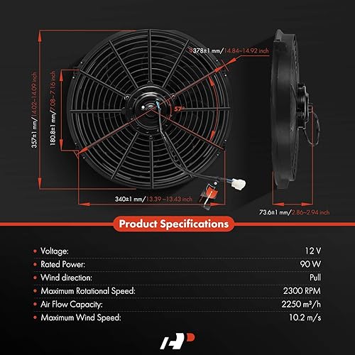 Miniatura 2 de A-Premium Ventilador de radiador eléctrico de 14 pulgadas, 14 pulgadas, 2250 mh, 12 V 90 W con kit de relé de interruptor de cableado del termostato