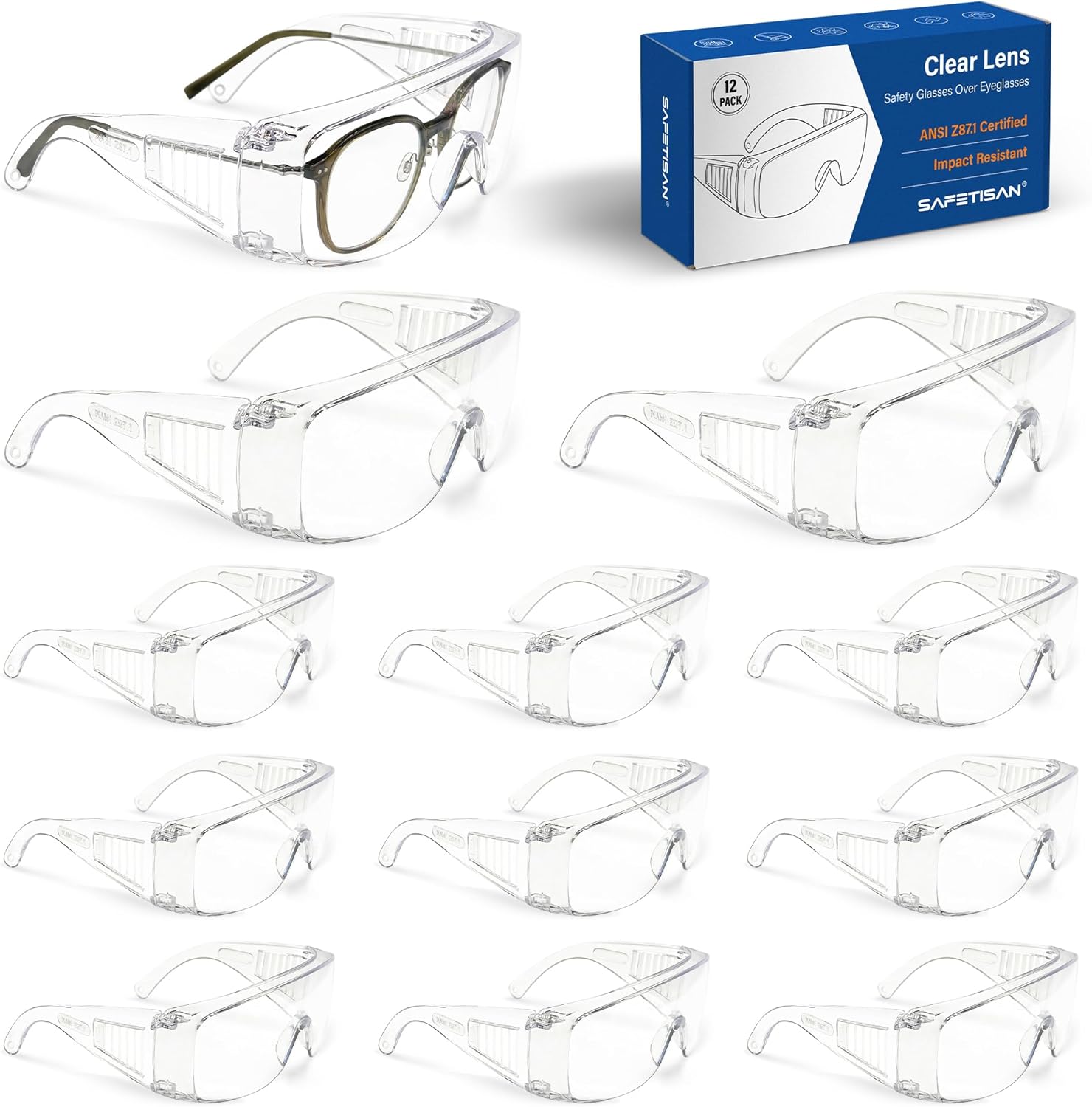 Safety Glasses Over Eyeglasses 12 Pack ANSI Z87.1 Impact Scratch Resistant Wide Vision, Clear Safety Goggles for Prescription Glasses Lightweight Protective Eyewear for Men Women Lab Construction