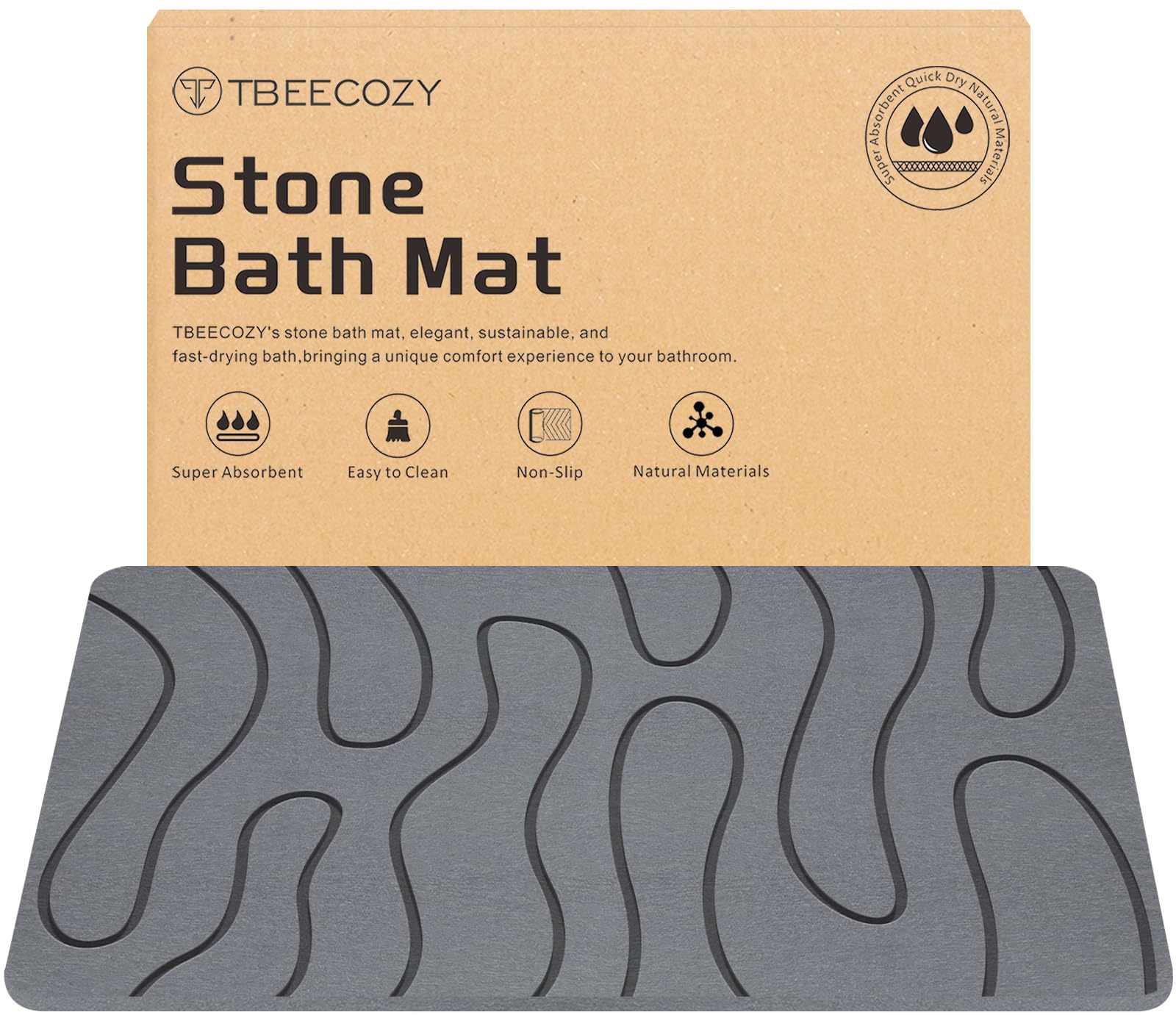 stone bath mat, diatomite fast drying non slip stone shower mat, super absorbent for bathroom & kitchen, multi-use as pet mat, easy to clean 16"x24", gray