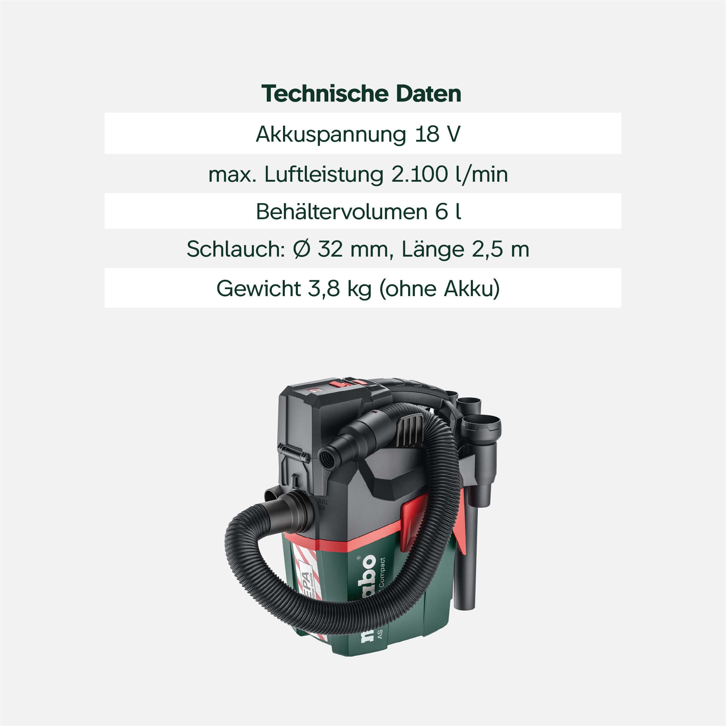 metabo Akku-Sauger AS 18 HEPA PC Compact, 18V Nass- und Trockensauger | Mobiler Mehrzwecksauger mit HEPA-Filter, Blasfunktion und Stretch-Schlauch. Lieferung ohne Akku und Ladegerät.