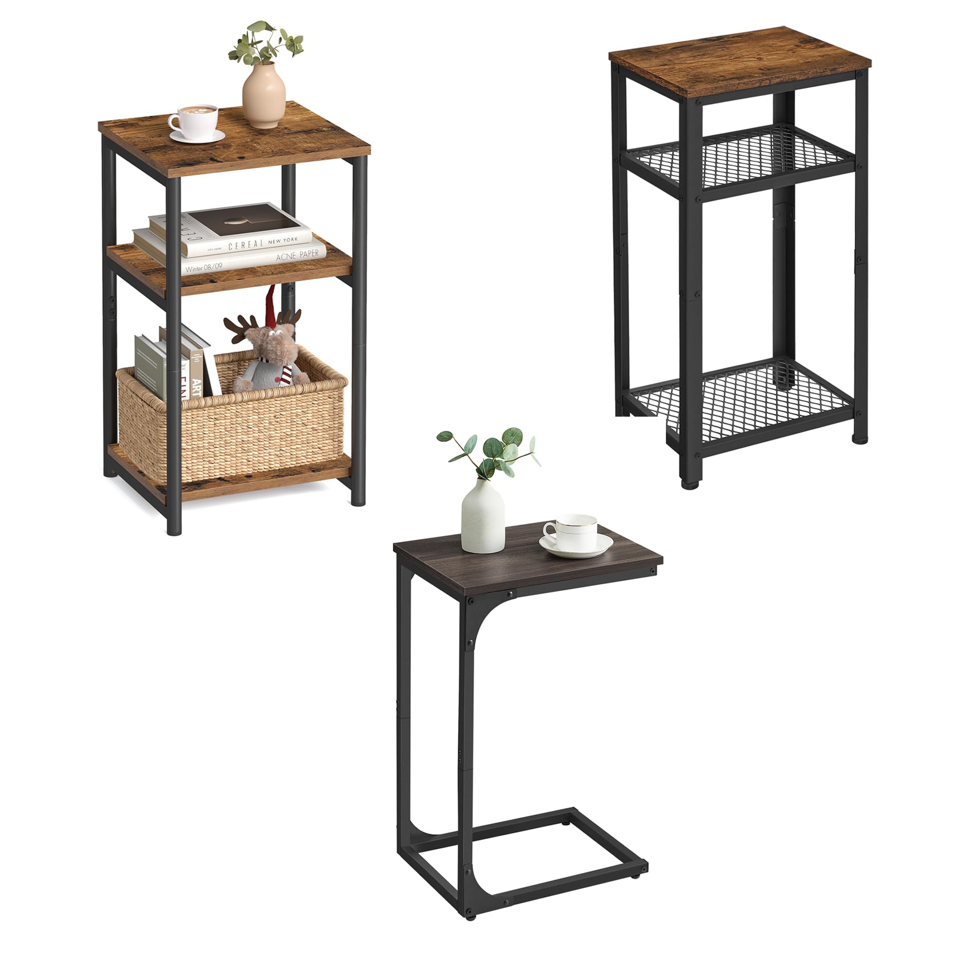 VASAGLE 3-Item Side Tables Bundle, C-Shaped End Table, End Table Stand with Storage Shelves and Metal Frame, Tall Nightstand for Living Room, Bedroom, Office, ULET273B01, ULET350B74 and ULET