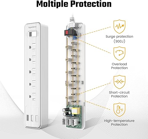 Miniatura 4 de Power Strip, SUPERDANNY Surge Protector, 5 Outlets, 3 USB Ports, 4.5 Ft Extension Cord, 900 Joules, Mountable, Overload Switch, Protected Indicator