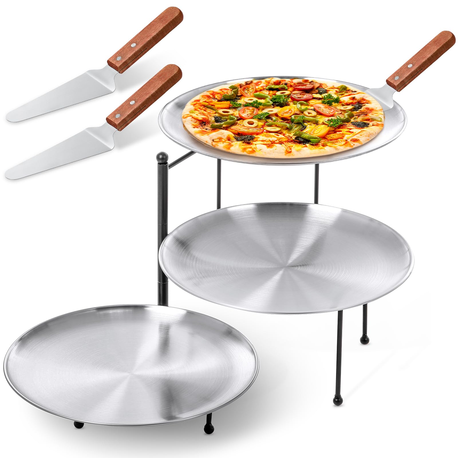7 Pcs Pizza Pan Riser Stands Sets Includes 1 Pcs Tiered Tray Stand 3 Stainless Steel Pizza Pan and 3 Wood Handle Knife for Home, Restaurant Party