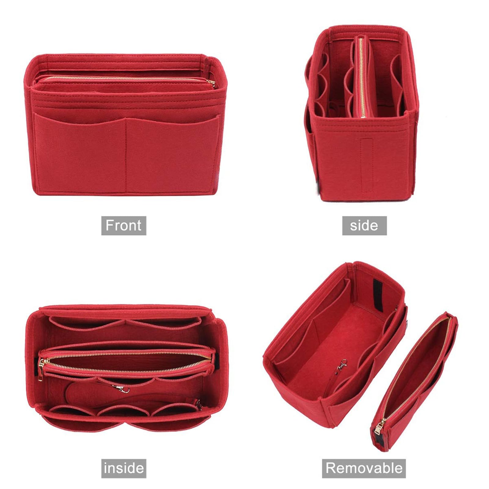 Organizador de Bolso de Fieltro con Múltiples Bolsillos – Inserto para Bolso con Bolsillo con Cremallera, Organizador Ligero para Tote Bag, Rojo, L