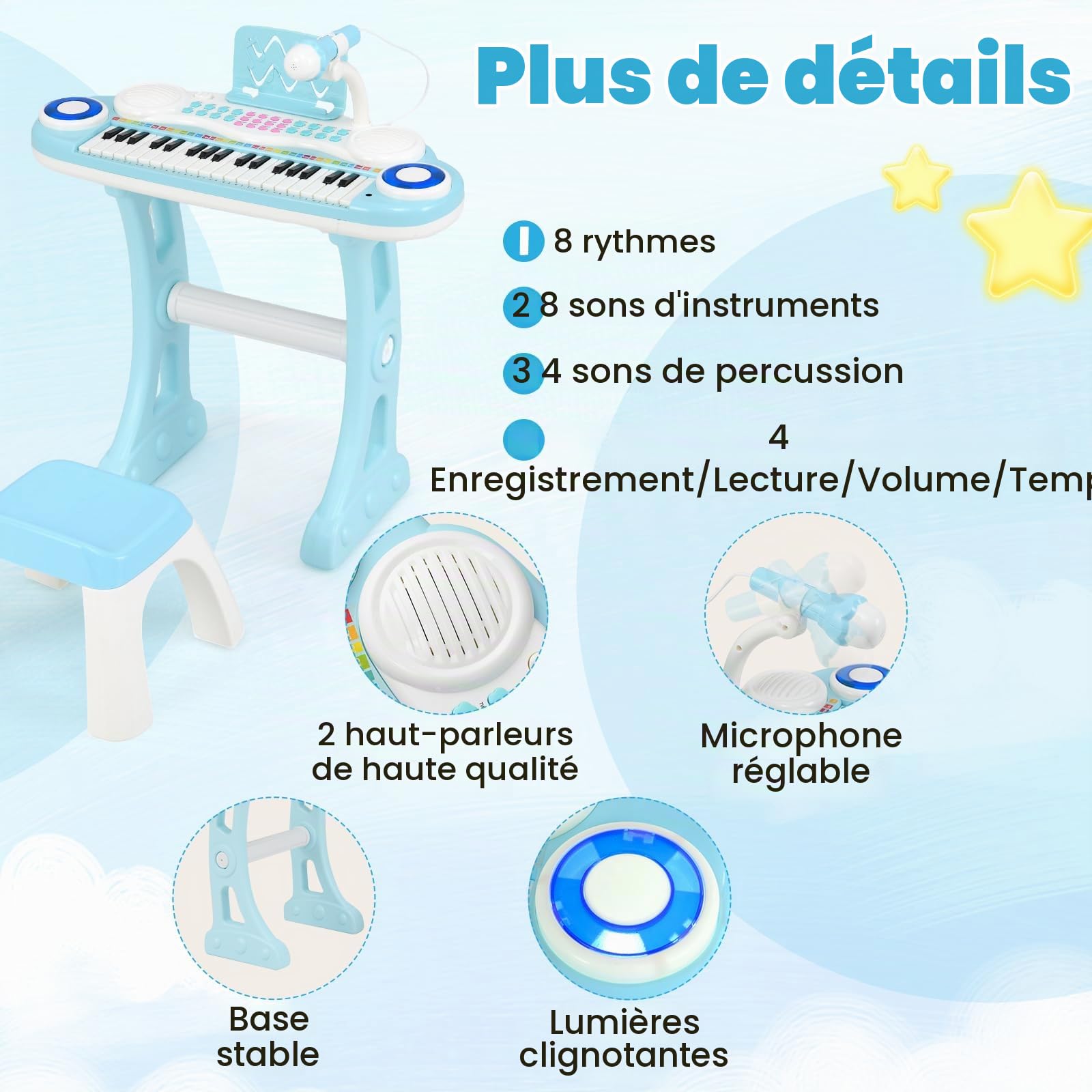 KOMFOTTEU Clavier 37 Touches Enfants 18 Mois+, Lumière et Microphone, Bleu
