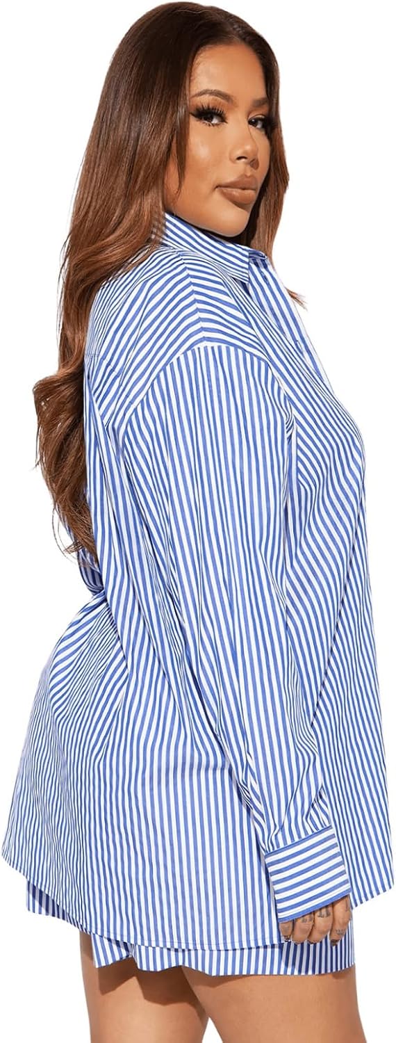 Women Striped 2 Piece Outfits Button Down Long Sleeve Crop Top and Drawstring Shorts Matching Set