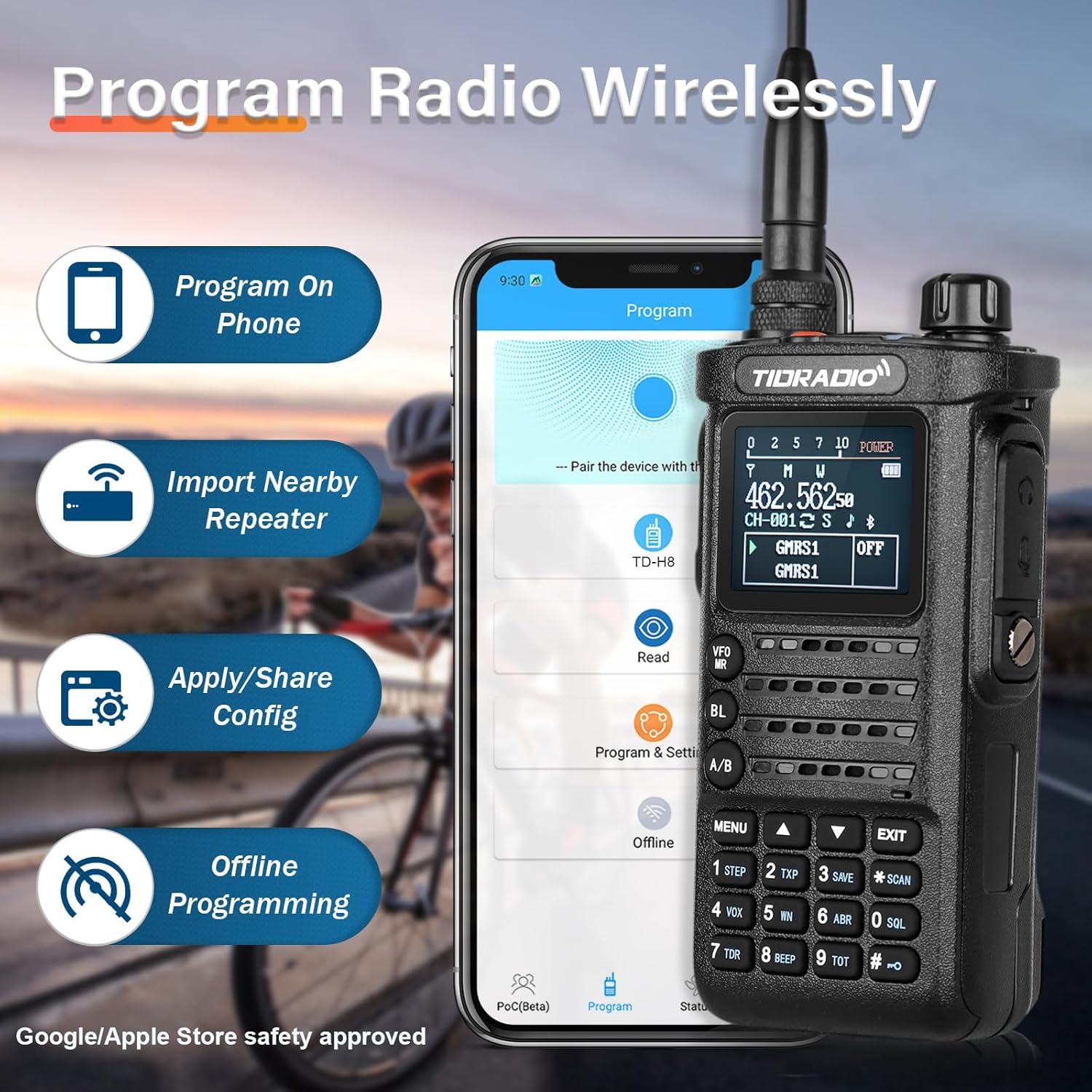 Smartphone screen showing the Odmaster app interface for wireless radio programming, next to a TIDRADIO TD-H8 radio.