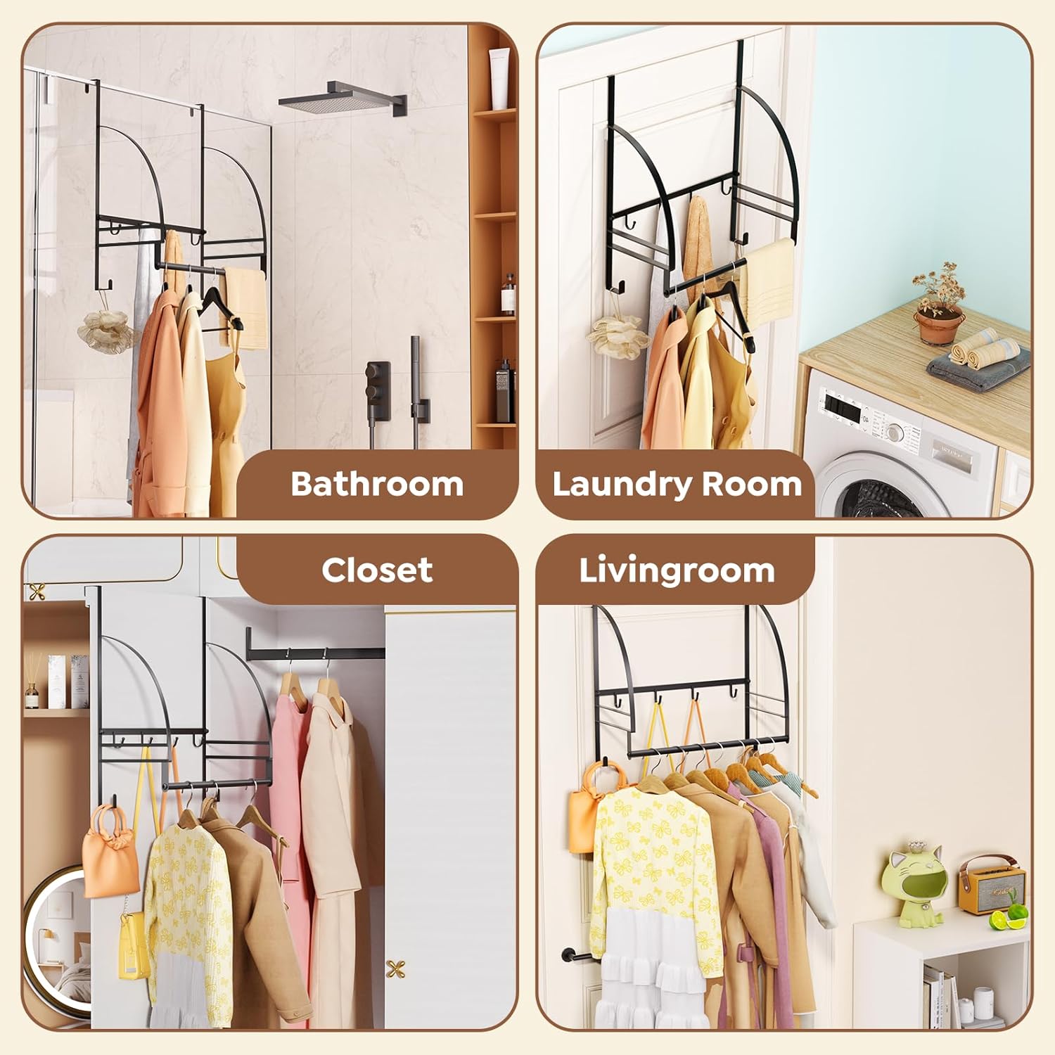 Over The Door Clothes Hanger Drying Rack, Over Door Drying Rack Hooks for Hanging Towels, Coats & Clothes, Door Hanger Organizer Storage for Bathroom Bedroom Laundry Dorms Washroom (Black)