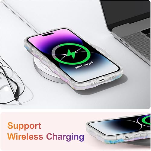 Miniatura 6 de EYZUTAK Funda para iPhone 14 Pro Max, colorida pintura al óleo retro impresión de hojas de flores patrón brillante láser lindo borde rizado borde