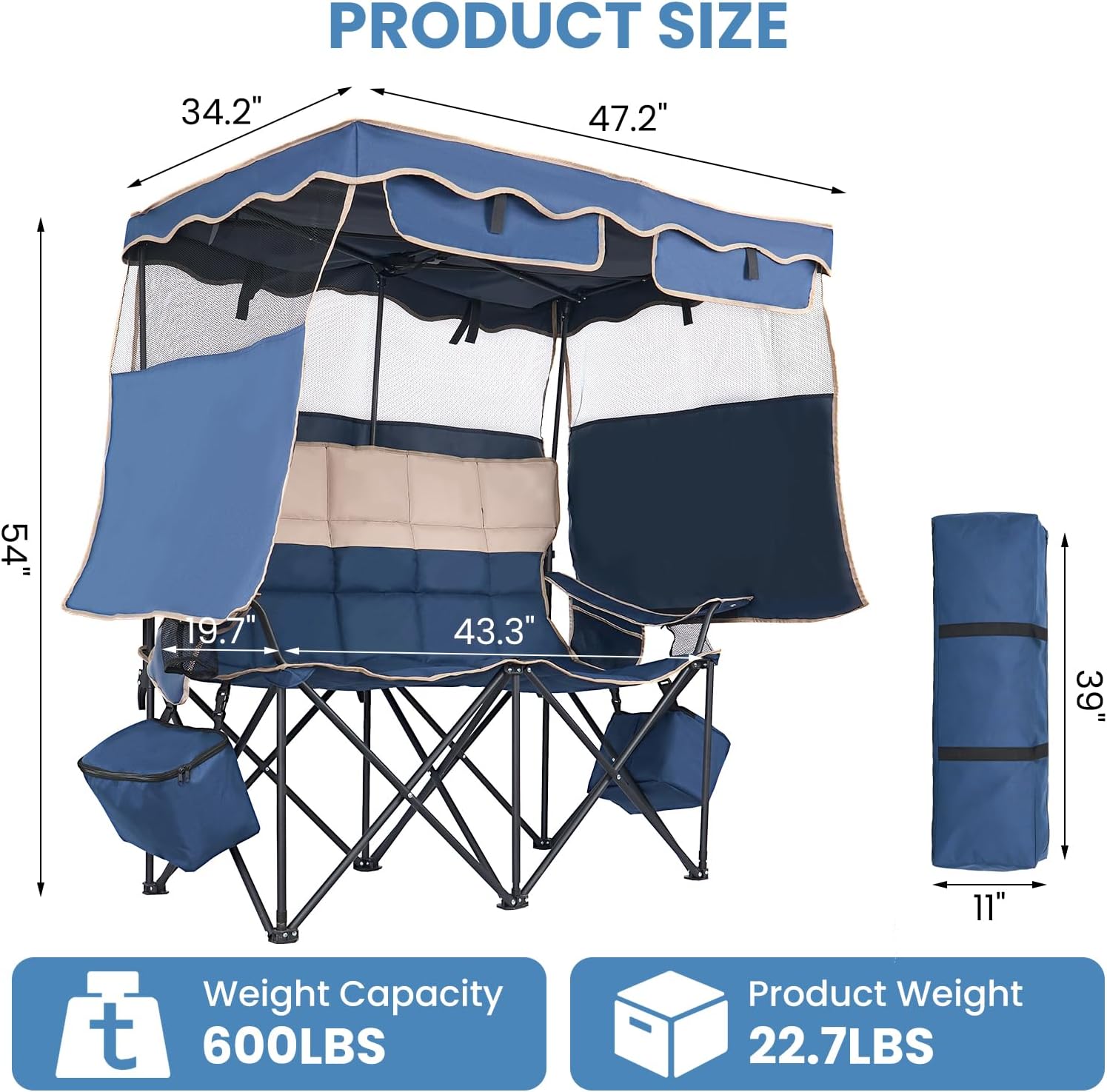 DoCred Double Beach Camping Chair with Canopy, Folding 2 Person Camping Chairs with Cooler Bag,Portable Outdoor Loveseat with Shade, Oversize Camp Chair for Lawn, and Outdoor Activities,Navy Blue