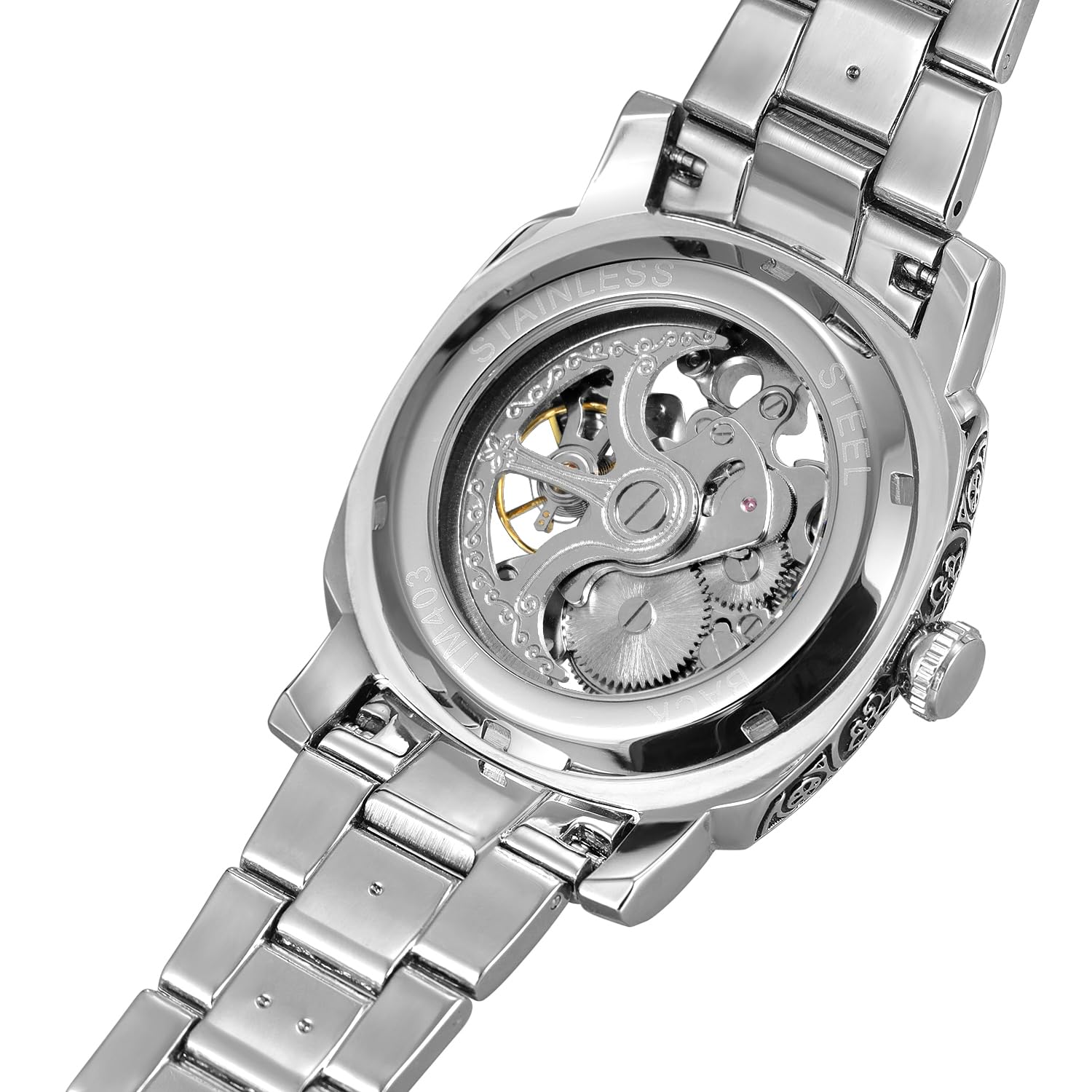 Reloj de esqueleto mecánico automático para hombre, cuerda manual en caja cuadrada, pulsera de acero grabada vintage y cierre desplegable, regalo retro para él