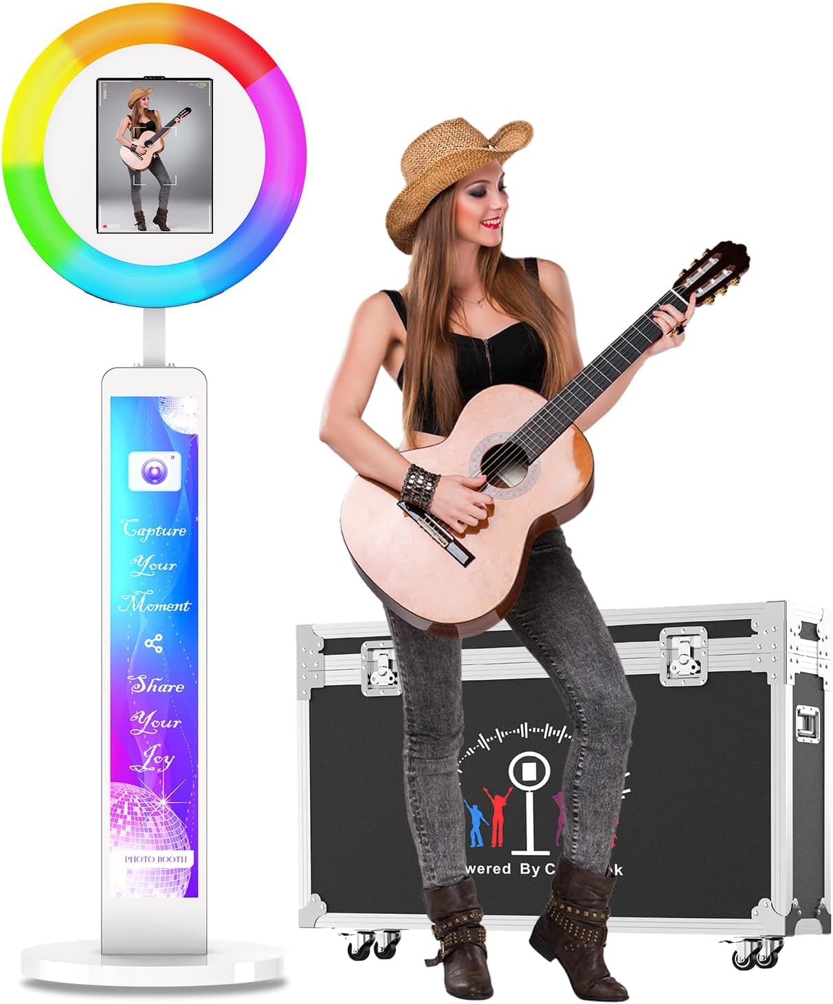 Photo Booth Compatible with Any Ipad, OHYEAHSPIN Photo Booth with Software App Control Ring Box, Music Sync,IPad Selfie Machine with Flight Case