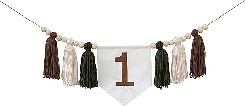 Cartel para silla alta de primer niño, guirnalda de hilo con borlas, decoración de primer cumpleaños de bosque, guirnalda de pastel de aventura,
