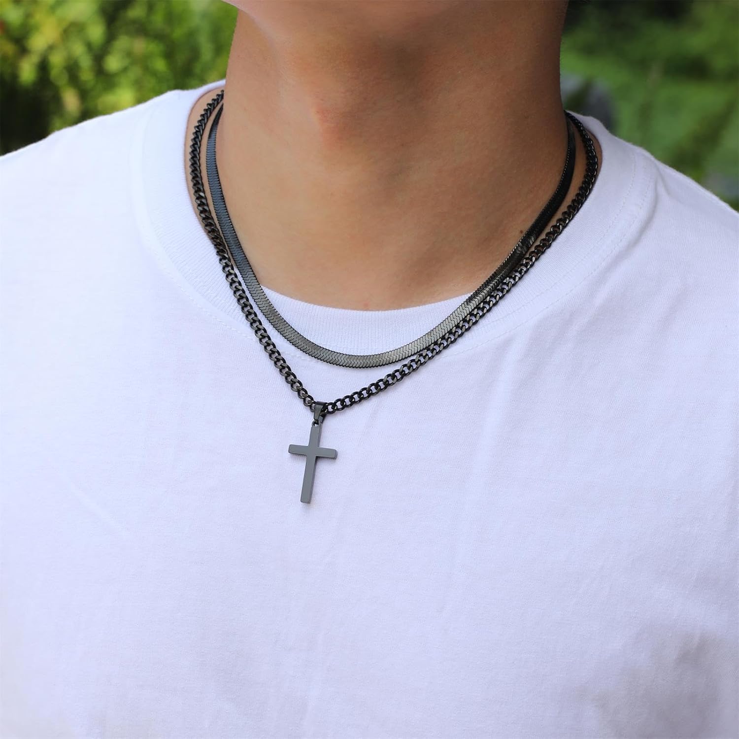 Zocomi Cross Necklace for Men Boys, Stainless Steel Layered Cuban Link Herringbone Chain Cross Pendant Christian Fashion Jewelry Gifts 16-24 Inches - Image 3