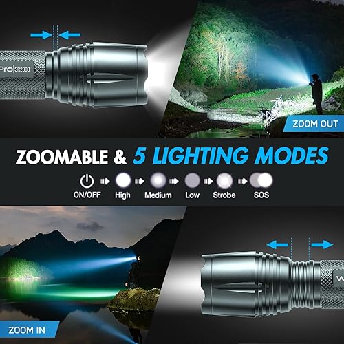 Miniatura 3 de WdtPro Linterna LED SR2000 Pro de alto lúmenes, paquete de 2 linternas tácticas más brillantes con 5 modos y zoomable, potente mini luz flash para