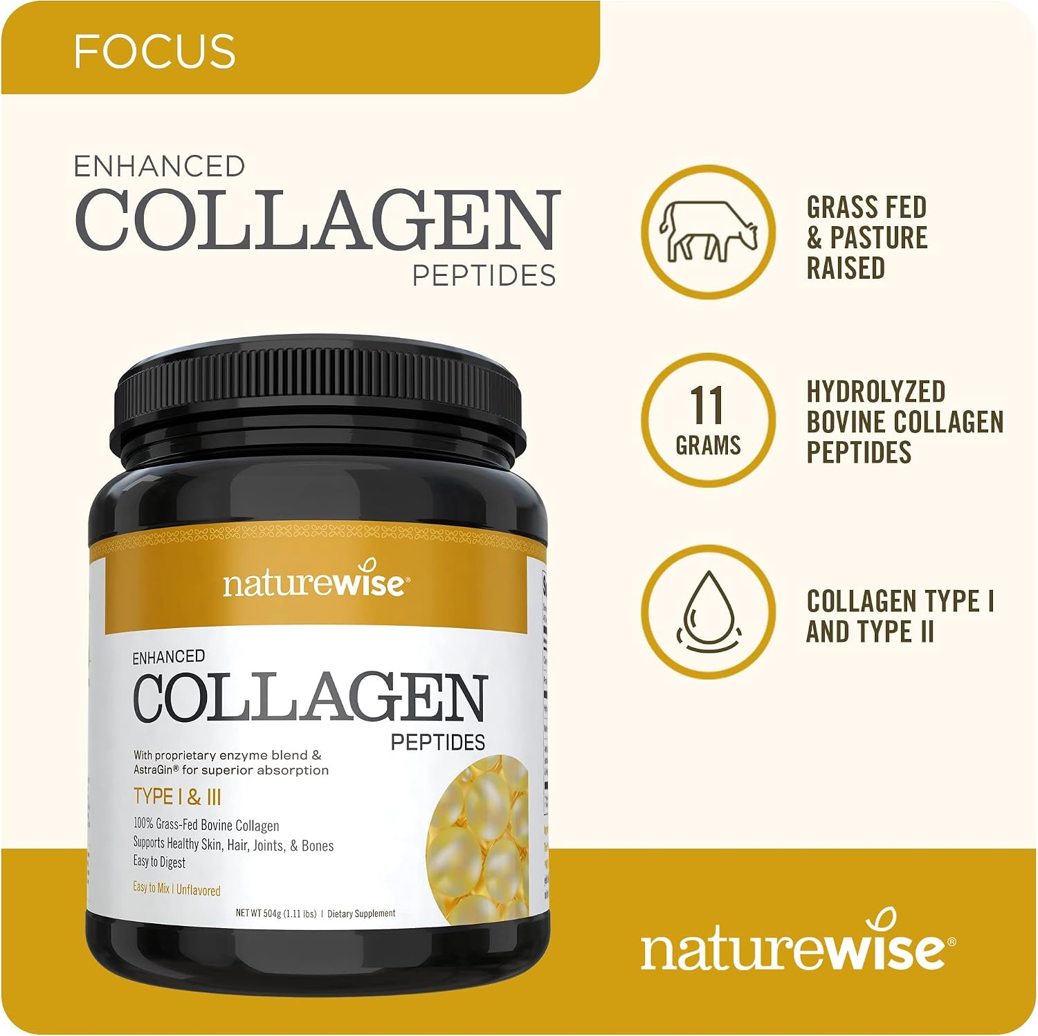NatureWise Enhanced Collagen Peptides (45 Servings) - Hydrolyzed Type I & III to Support Hair, Skin, Joint, and Bone Health with Astragalus for Easy Absorption & Digestibility (1.11 LBS Net Weight)