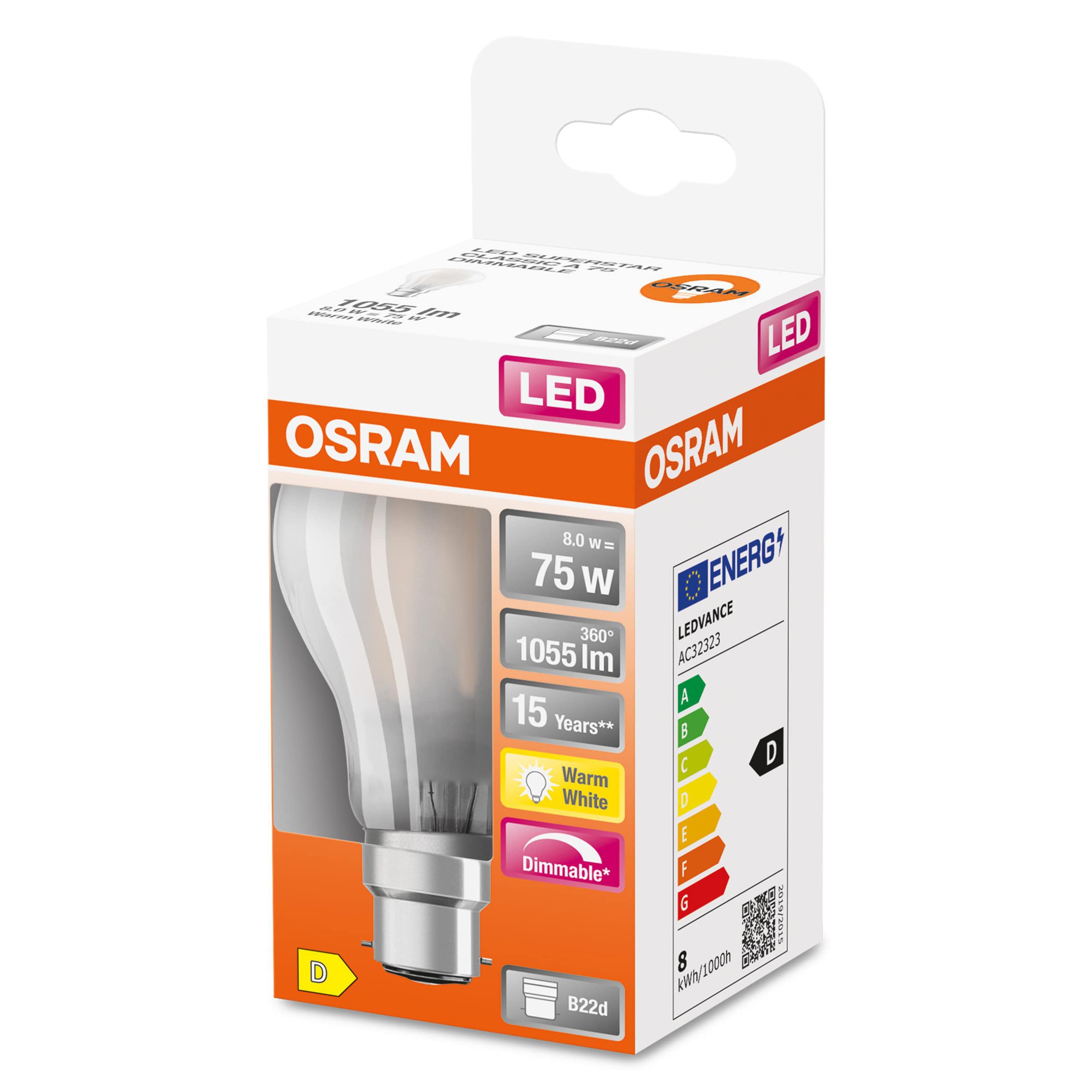 OSRAM Dimmable Filament LED lamp with B22d Base, Warm White (2700K), Classic Bulb Shape, 8W, Frosted Glass, Replacement for Conventional 75W Bulb, Pack of 6