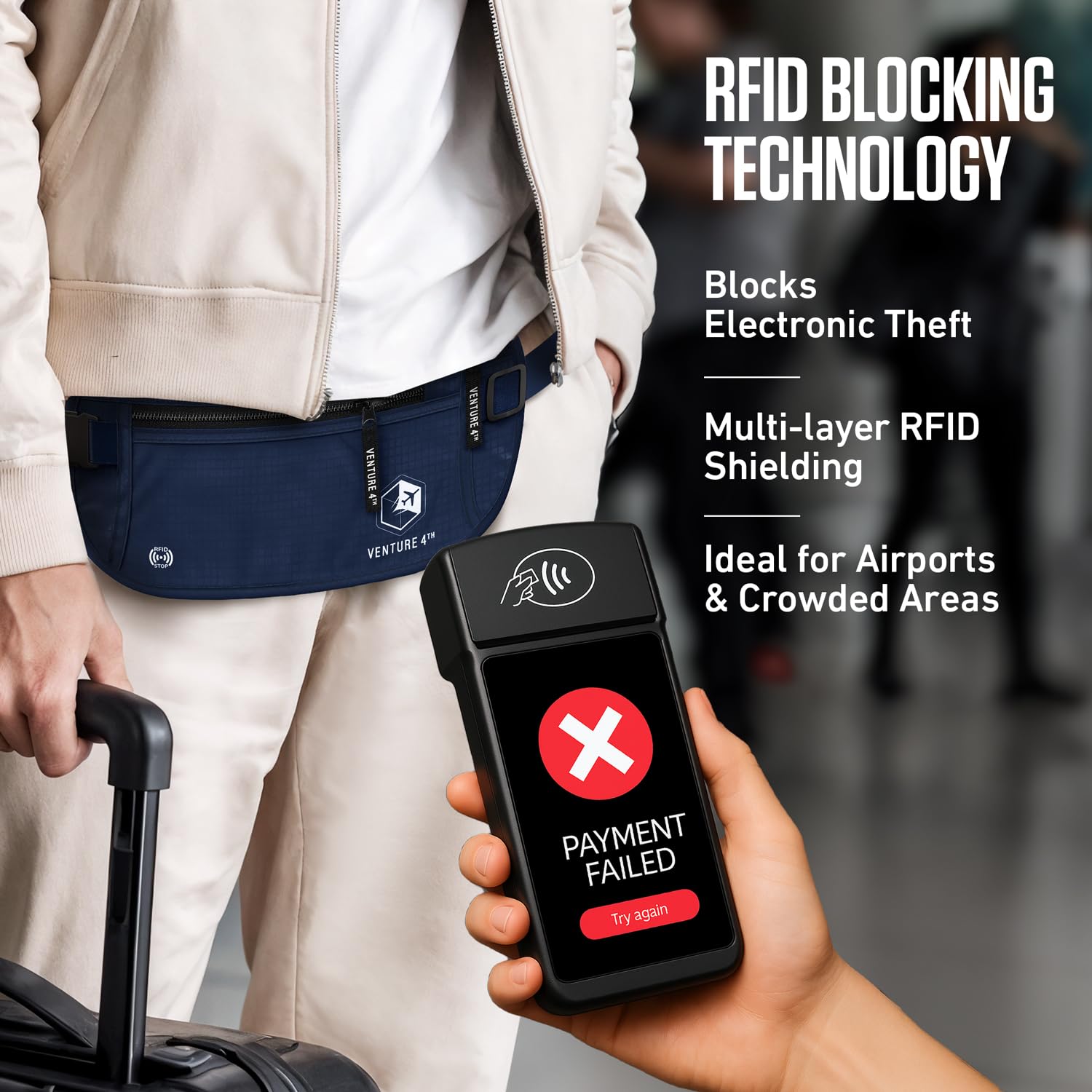 VENTURE 4TH Podróżna saszetka na pieniądze, smukłe etui na paszport z blokadą RFID do ochrony gotówki, kart kredytowych i dokumentów podróżnych, granatowy, One Size, Minimalistyczny