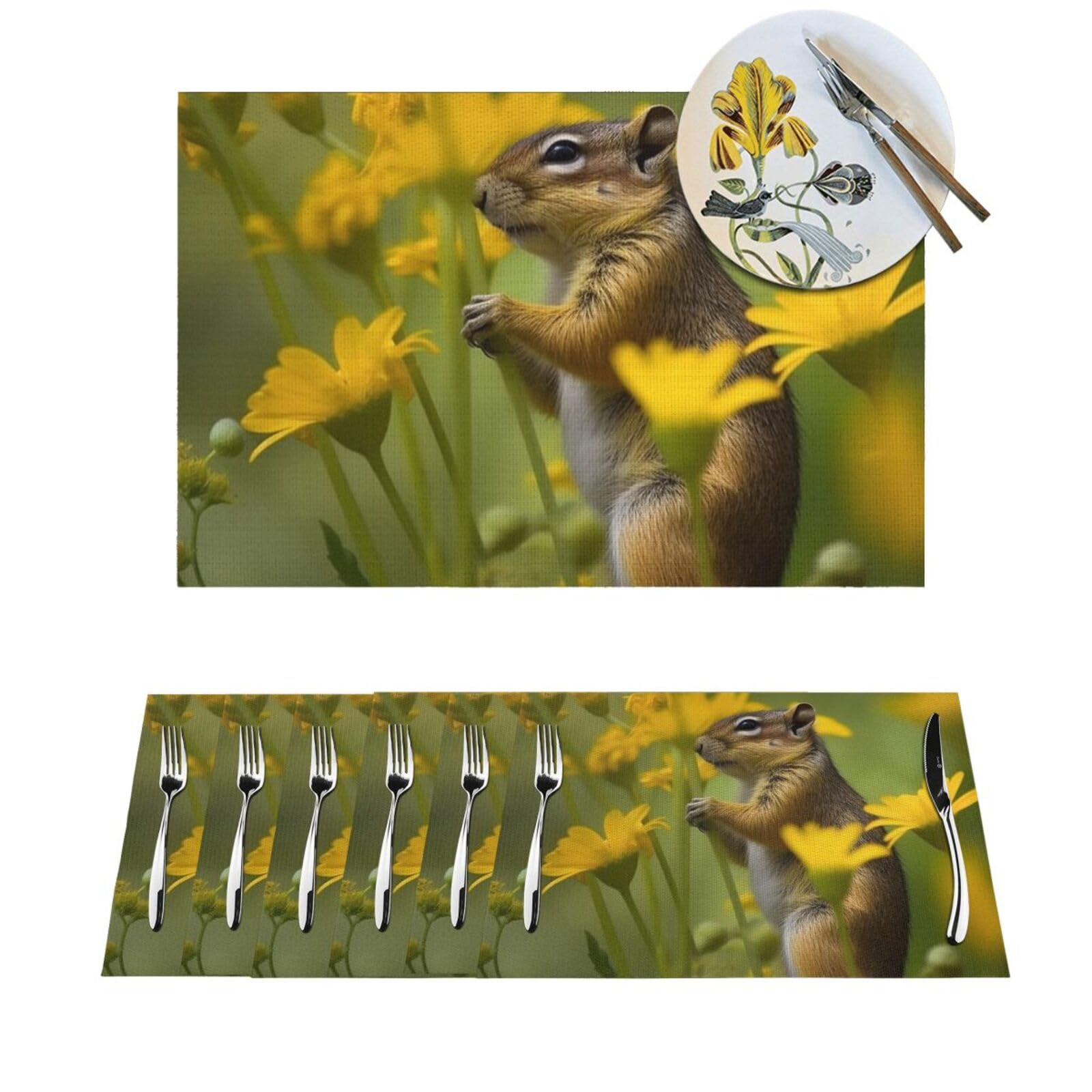 Set de table rectangulaire PVC tissé motif écureuil et fleurs pour décoration salle à manger