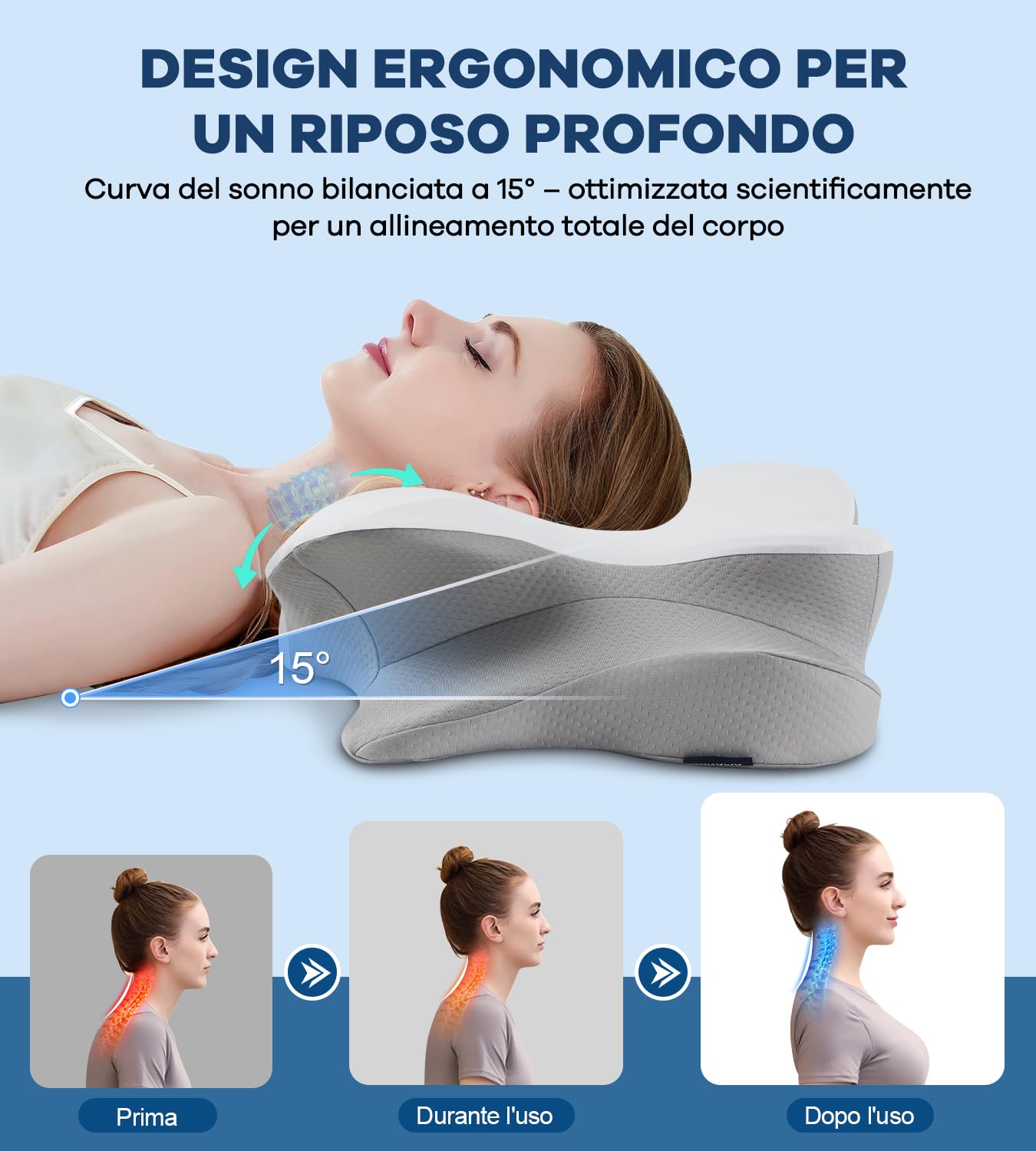 DONAMA Cuscino Cervicale per Dormire, 2 in 1 Cuscino Ergonomico in Memory Foam con Federa Sfoderabile e Lavabile